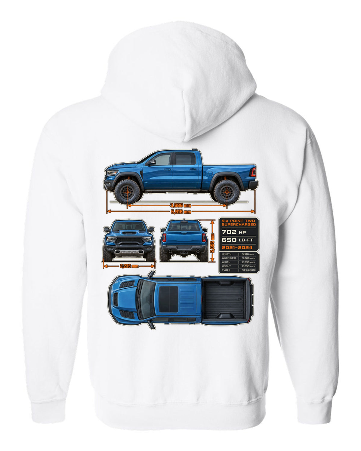 Ram 1500 TRX 2021-2024 dimension blueprint plate print white zip hoodie back view with the design