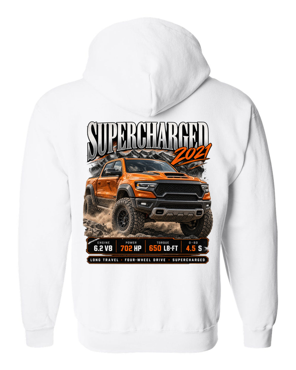 Archive panel of a 2021 Ram 1500 TRX with 702 HP and 650 lb-ft supercharged white zip hoodie back view with the design