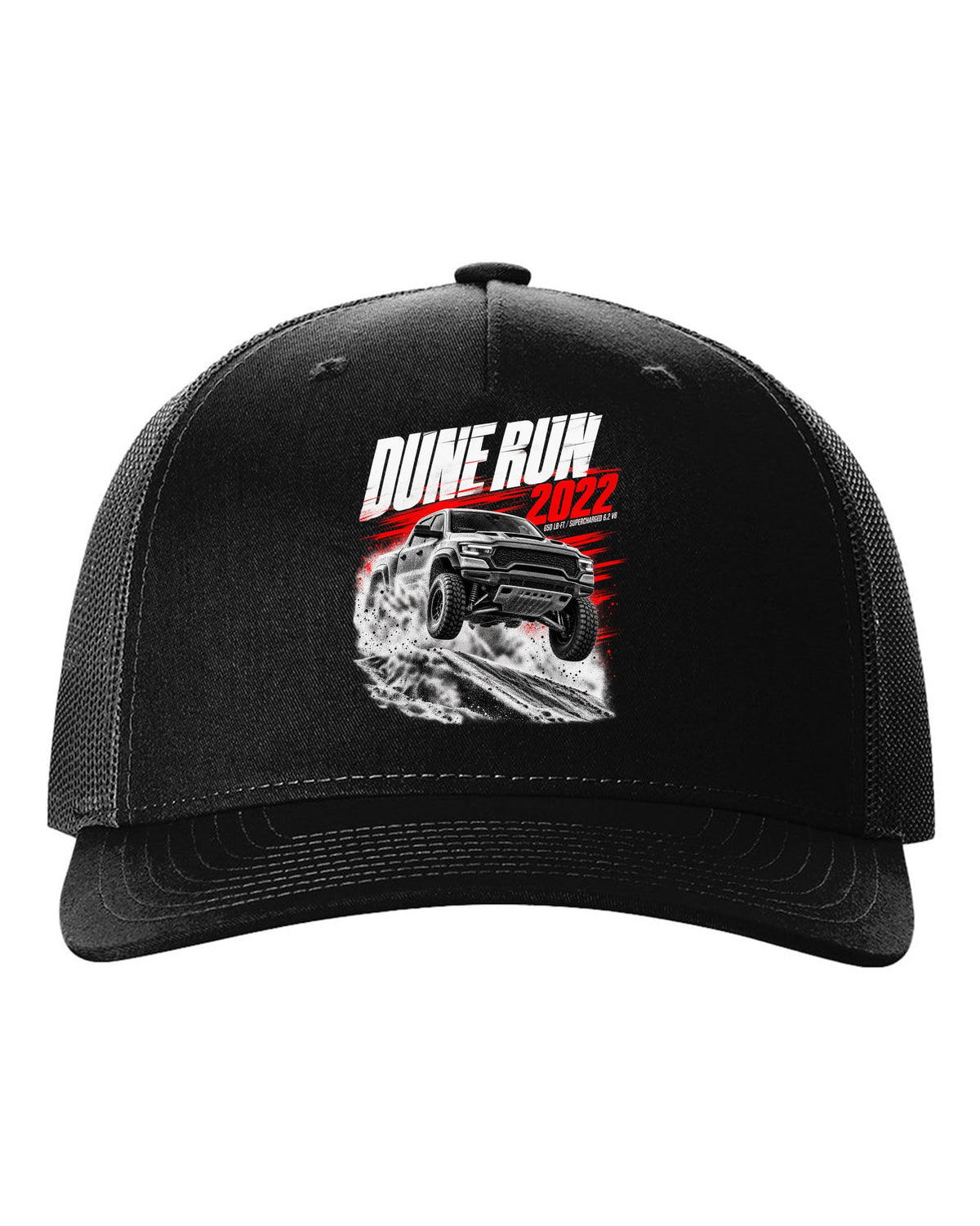 Race poster of a 2022 Ram 1500 TRX jumping a dune with the text Dune Run 2022, 650 lb-ft black hat front view with the design