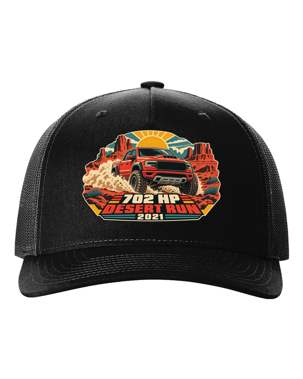 Vintage desert race poster print of a 2021 Ram 1500 TRX with 702 HP text black hat front view with the design