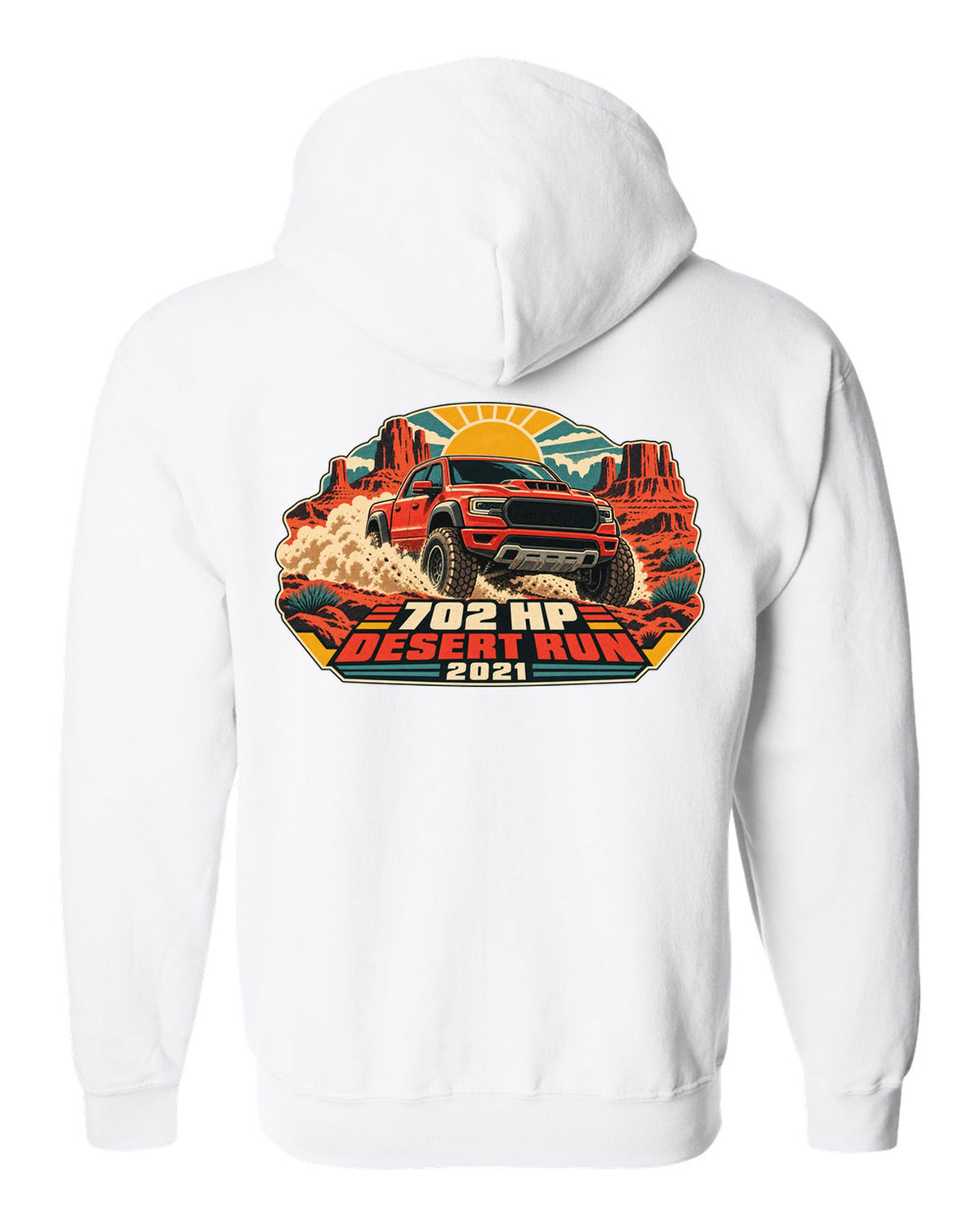 Vintage desert race poster print of a 2021 Ram 1500 TRX with 702 HP text white zip hoodie back view with the design