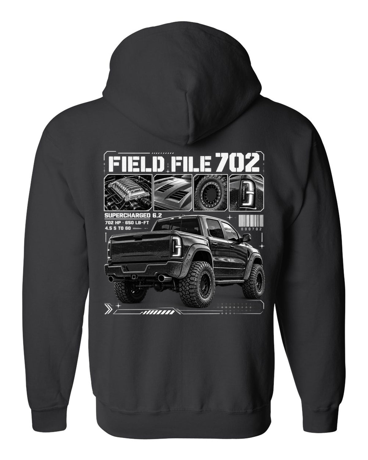 Dossier panels of a 2021-2024 Ram 1500 TRX with Field File 702, supercharged 6.2, 4.5 s to 60 black zip hoodie back view with the design