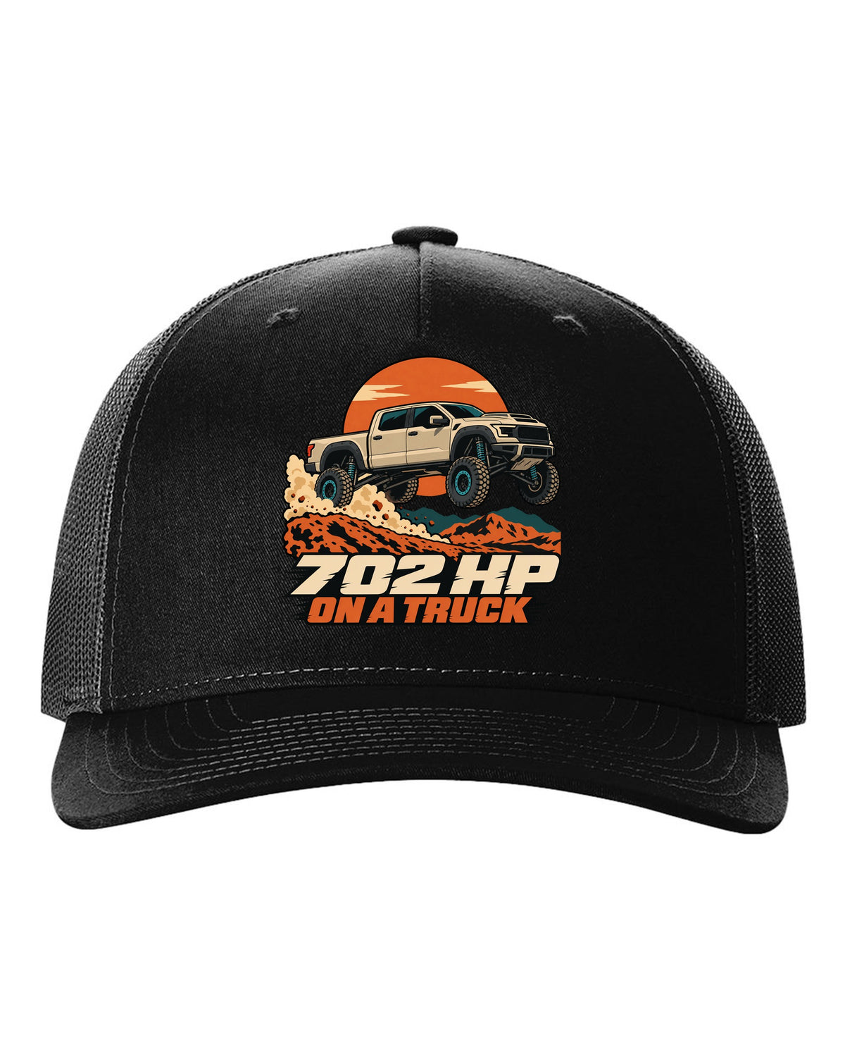 Vector poster print of a Ram 1500 TRX jumping a dune with the text 702 HP black hat front view with the design