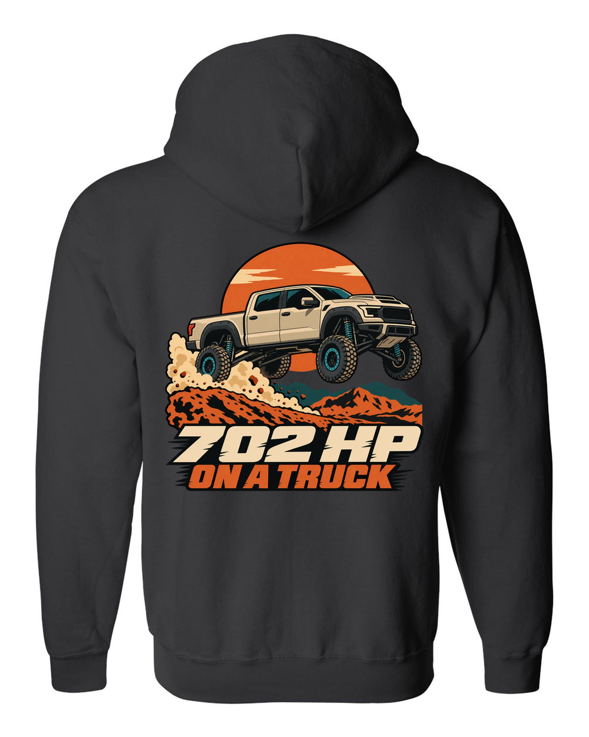 Vector poster print of a Ram 1500 TRX jumping a dune with the text 702 HP black zip hoodie back view with the design