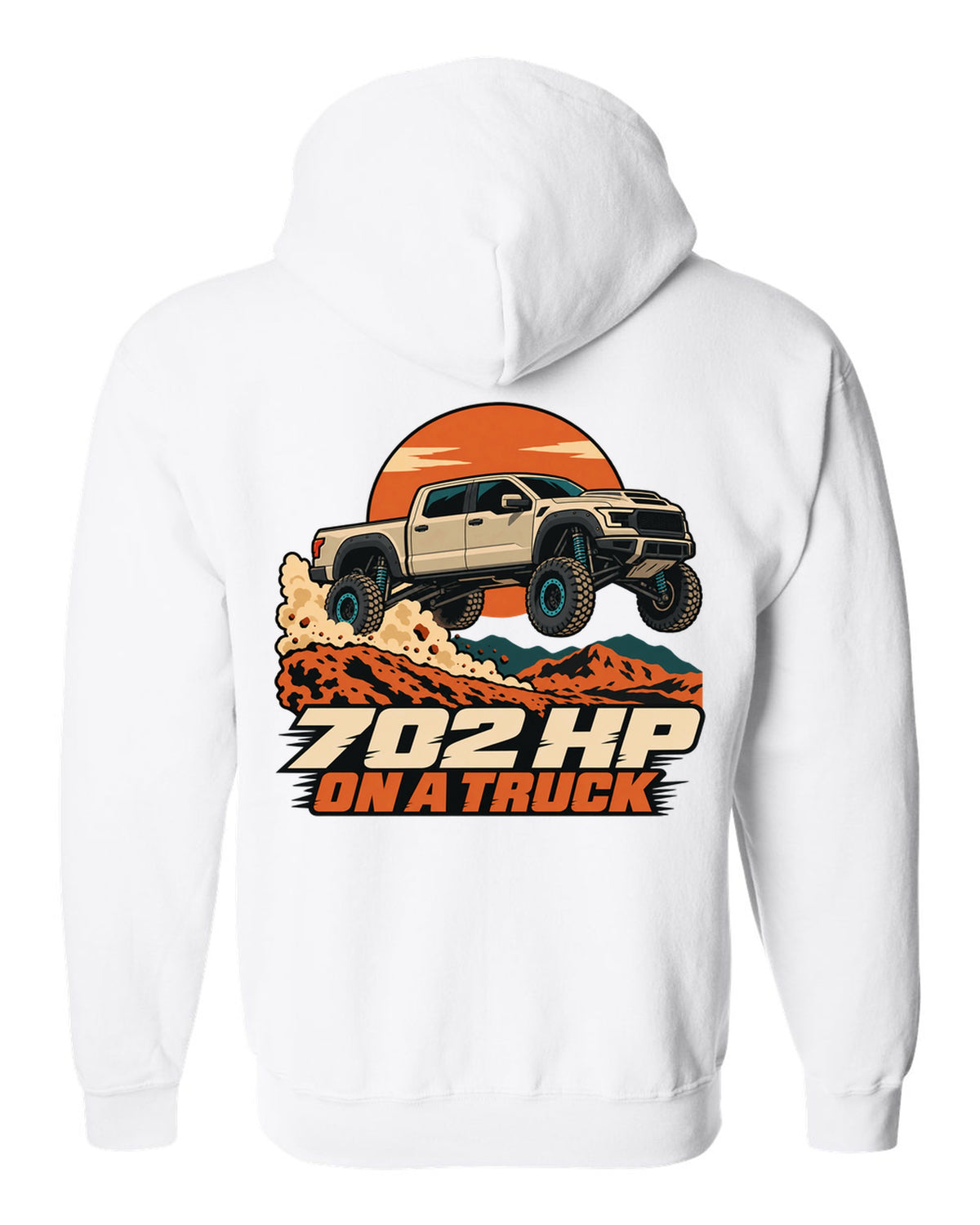Vector poster print of a Ram 1500 TRX jumping a dune with the text 702 HP white zip hoodie back view with the design
