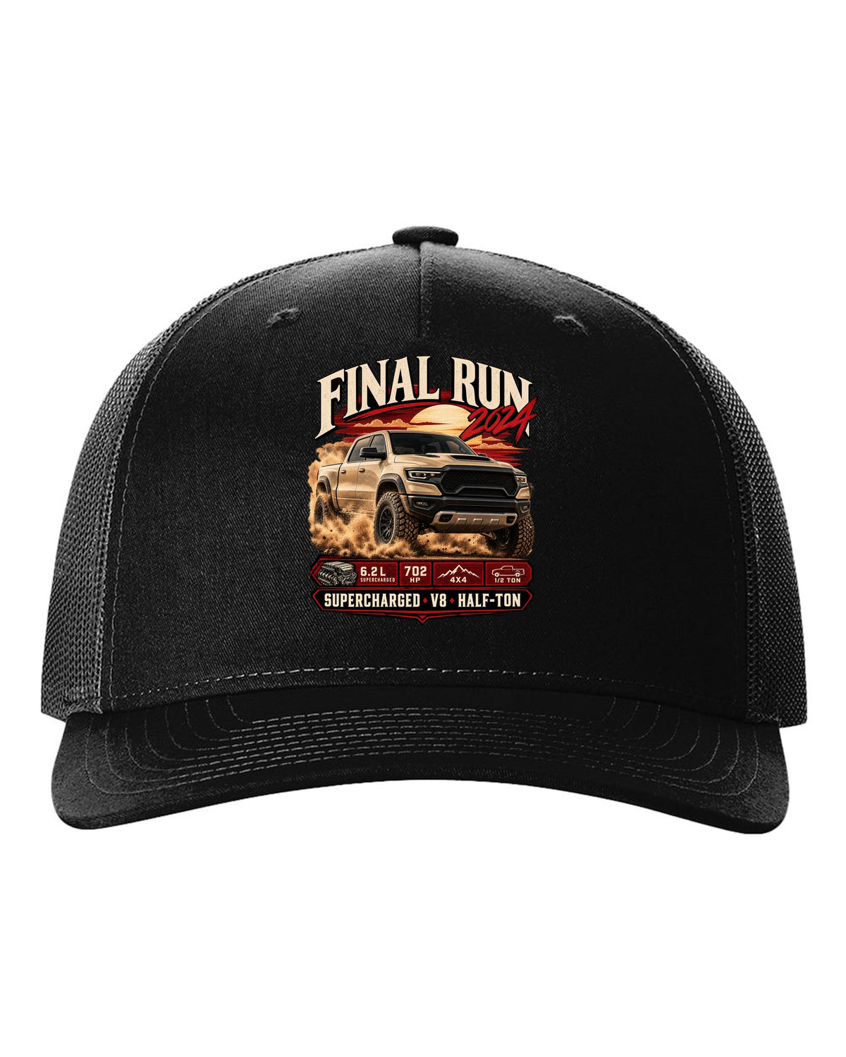 Archive panel print of a 2024 Ram 1500 TRX Final Edition with final run and supercharged V8 text black hat front view with the design