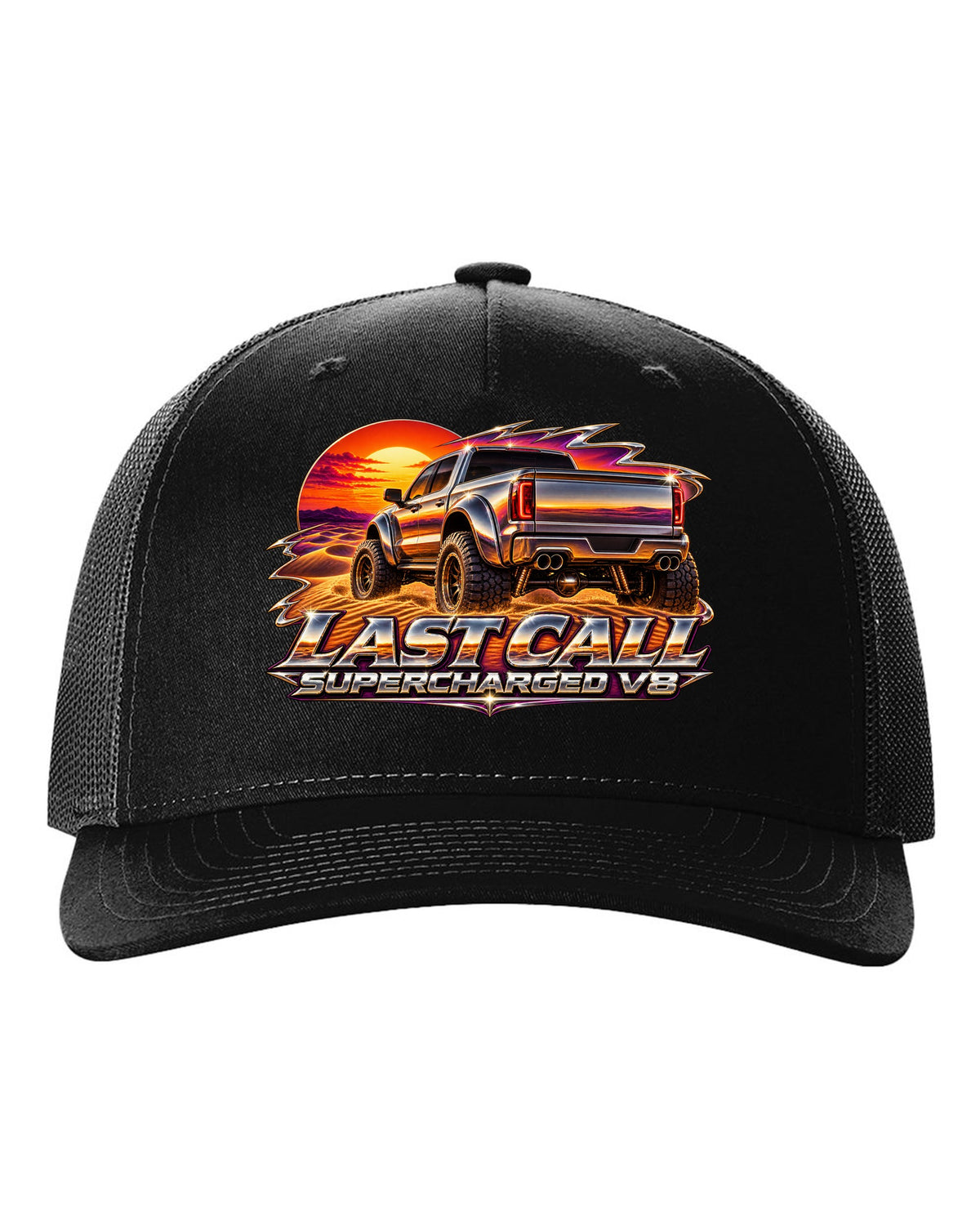 80s chrome airbrush print of a 2024 Ram 1500 TRX Final Edition on a dune with last call supercharged V8 text black hat front view with the design