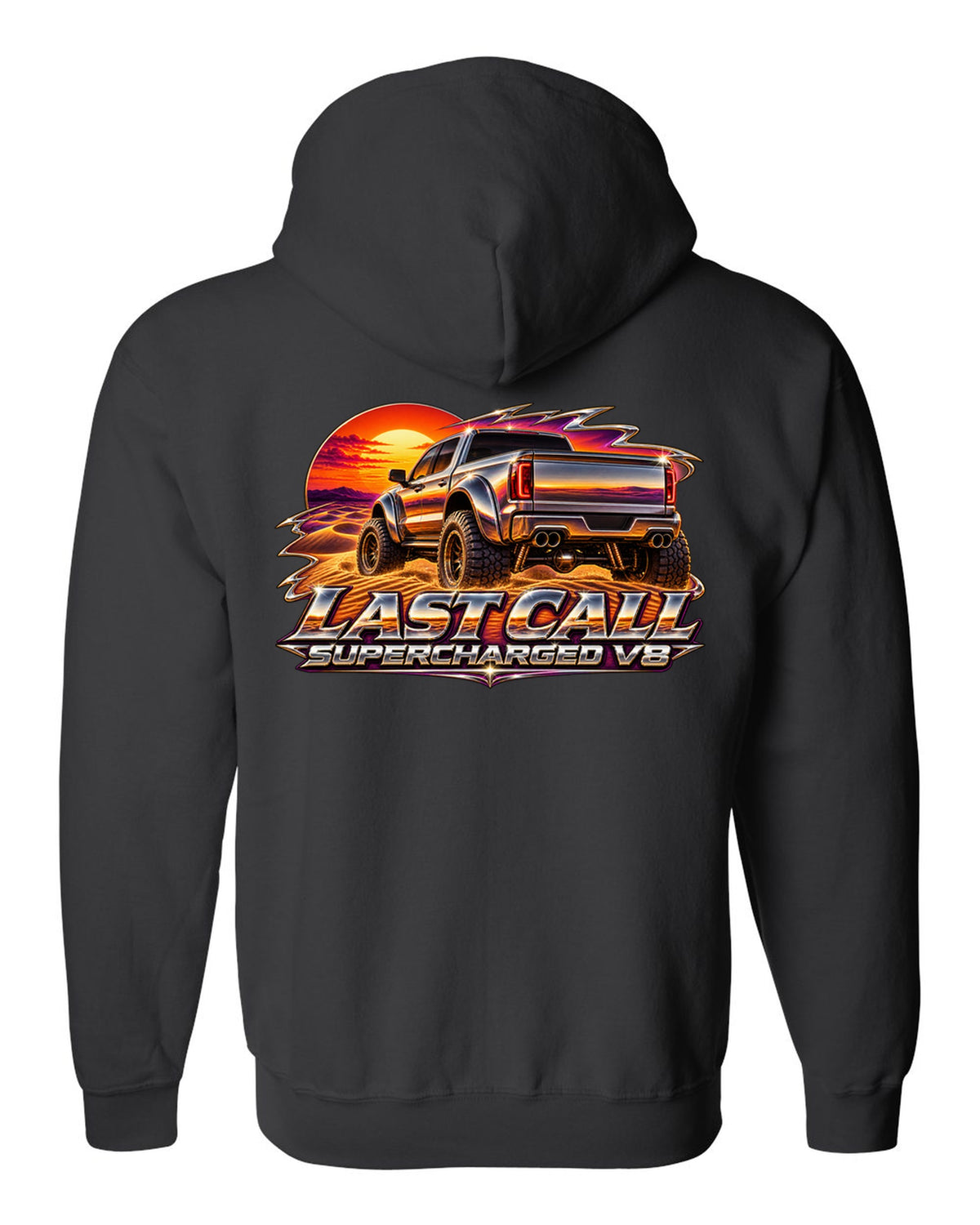 80s chrome airbrush print of a 2024 Ram 1500 TRX Final Edition on a dune with last call supercharged V8 text black zip hoodie back view with the design
