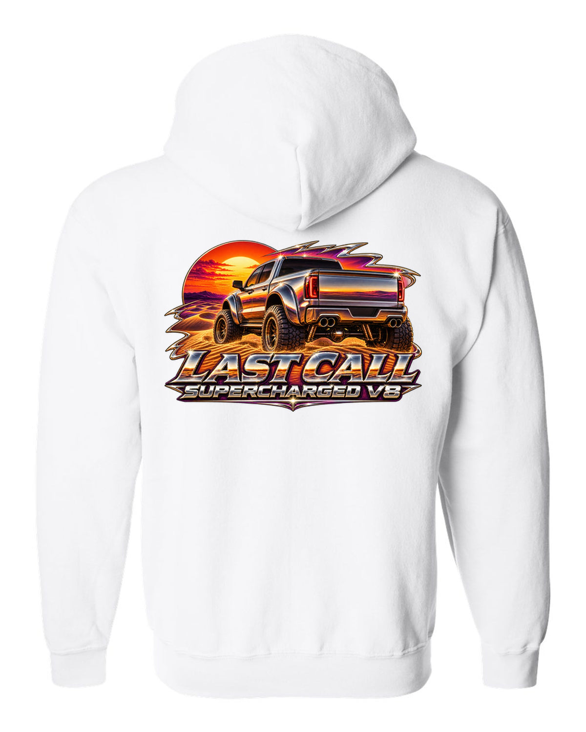 80s chrome airbrush print of a 2024 Ram 1500 TRX Final Edition on a dune with last call supercharged V8 text white zip hoodie back view with the design