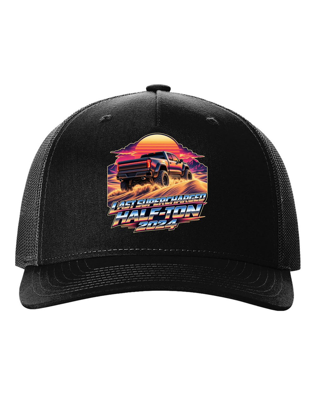 Retro 80s sunset print of a Ram 1500 TRX Final Edition on dunes black hat front view with the design