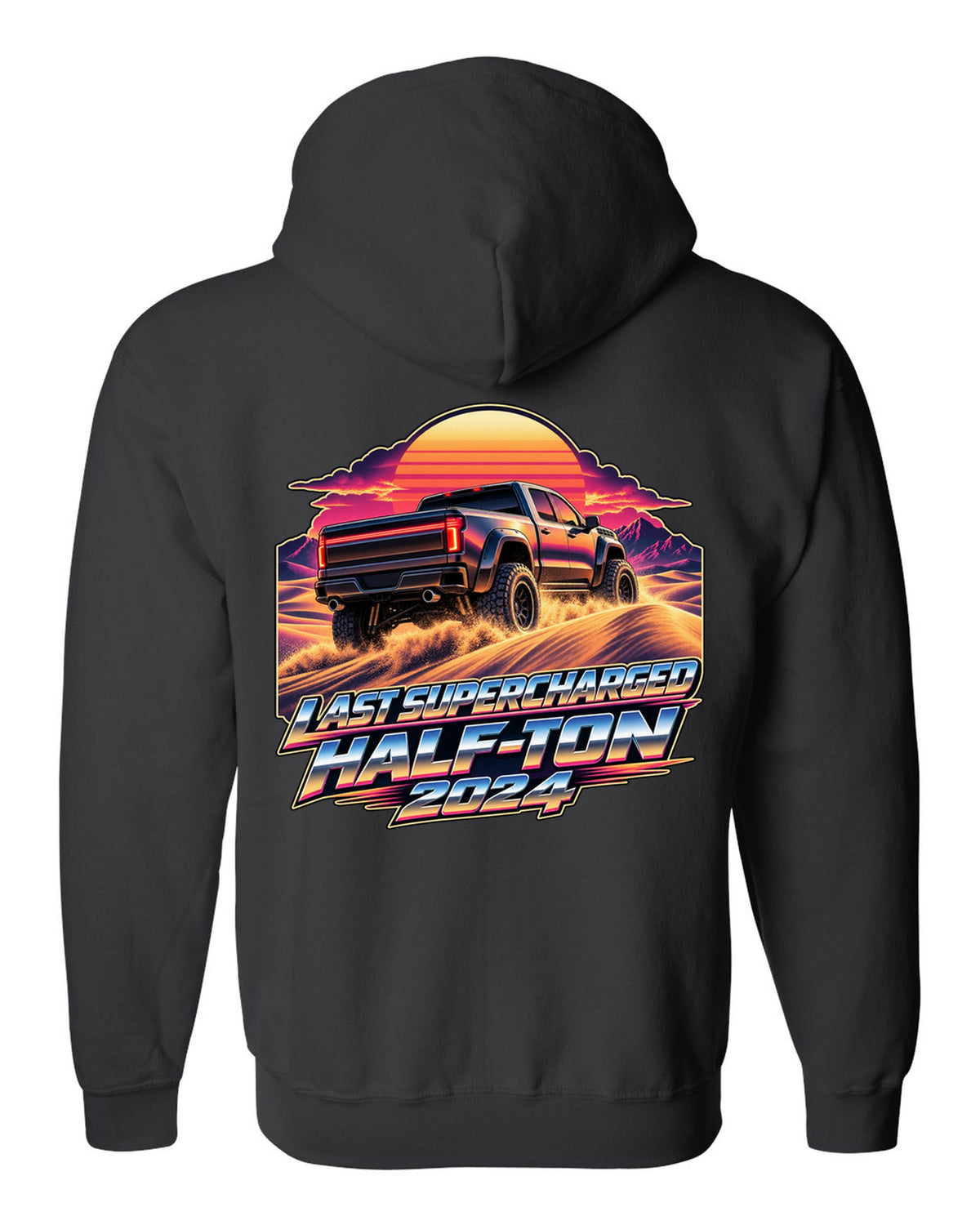 Retro 80s sunset print of a Ram 1500 TRX Final Edition on dunes black zip hoodie back view with the design