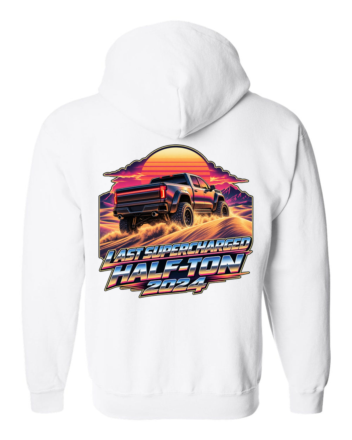 Retro 80s sunset print of a Ram 1500 TRX Final Edition on dunes white zip hoodie back view with the design