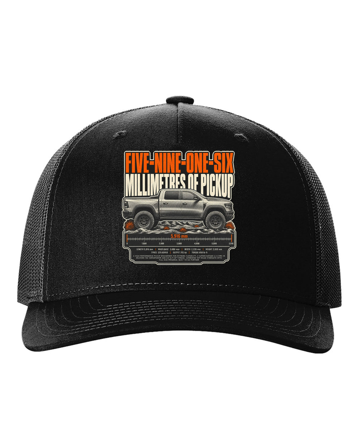 Ram 1500 TRX halftone print with 5916 millimetres text black hat front view with the design
