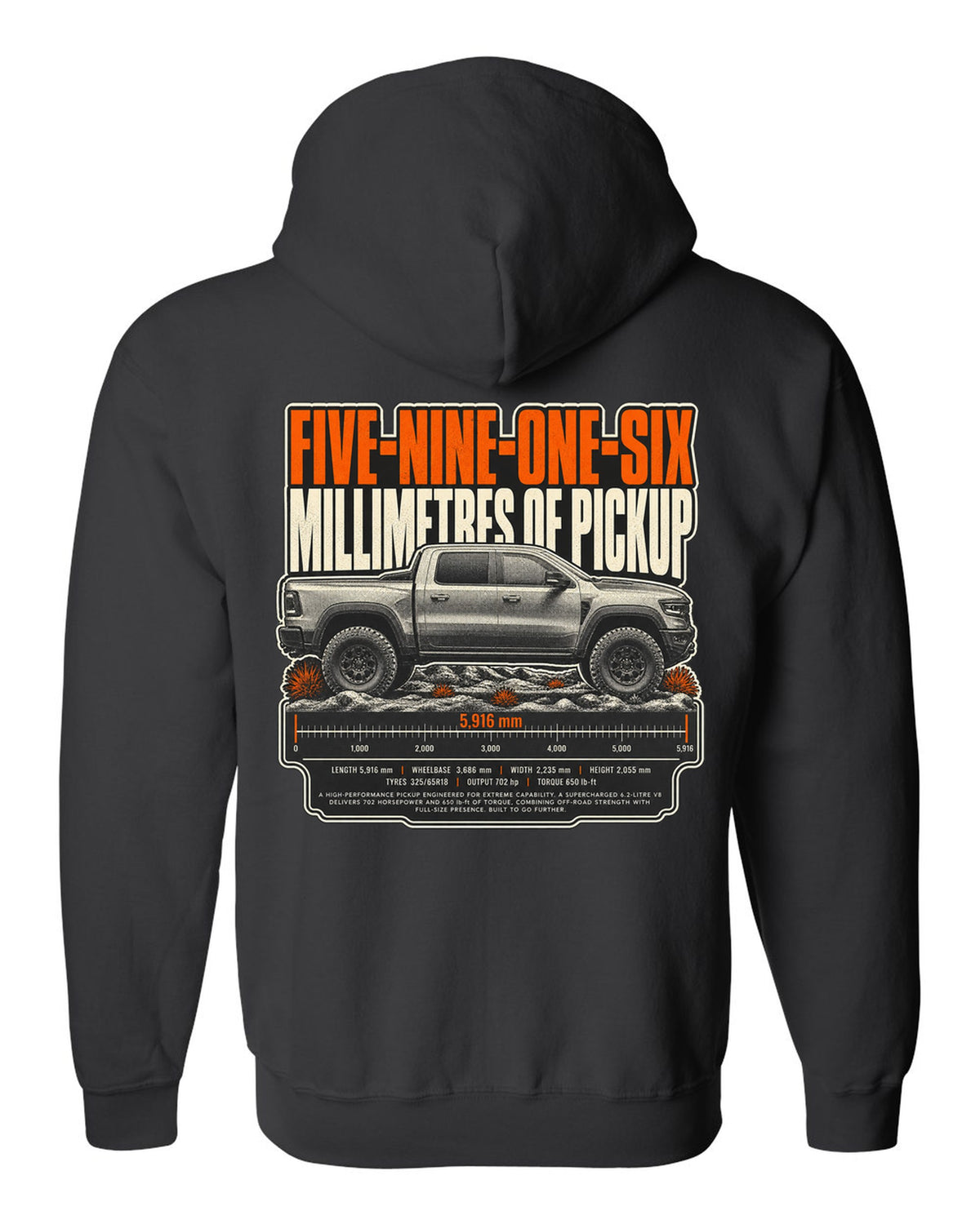 Ram 1500 TRX halftone print with 5916 millimetres text black zip hoodie back view with the design
