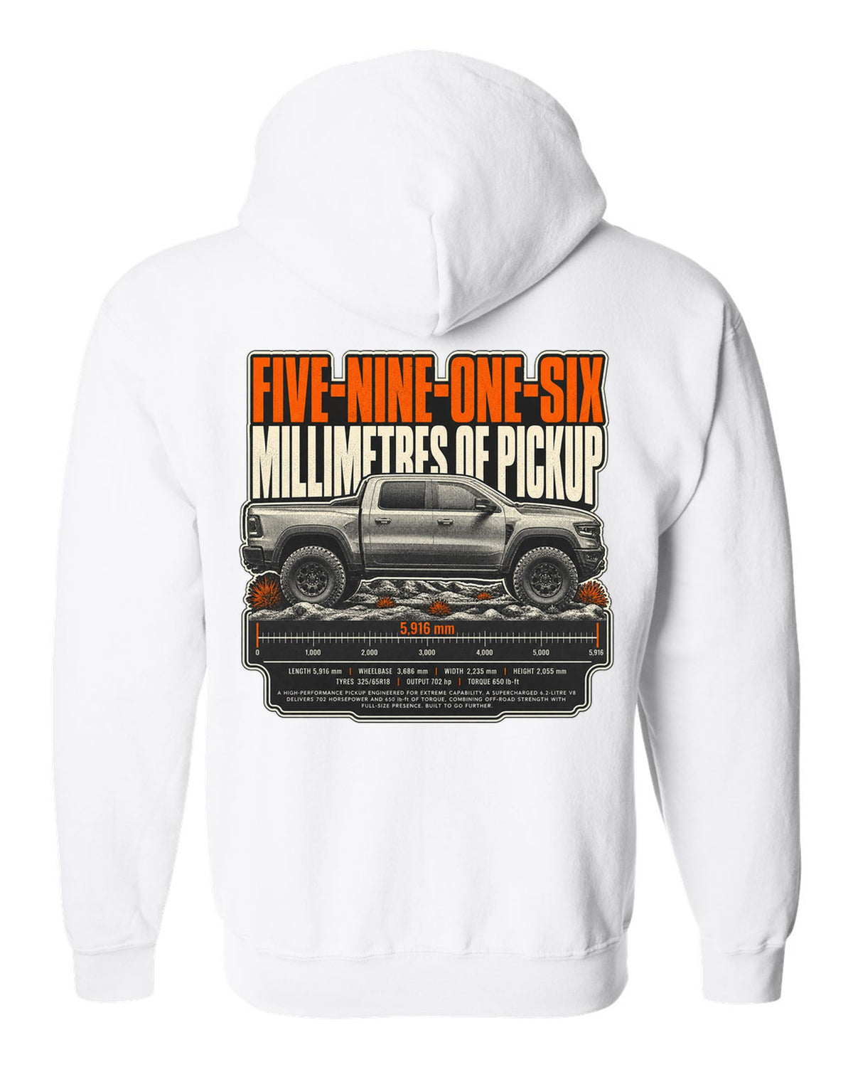Ram 1500 TRX halftone print with 5916 millimetres text white zip hoodie back view with the design