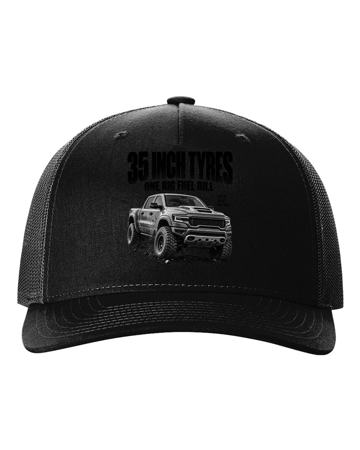 Halftone of a 2021-2024 Ram 1500 TRX with the text 35 inch tyres, one big fuel bill black hat front view with the design