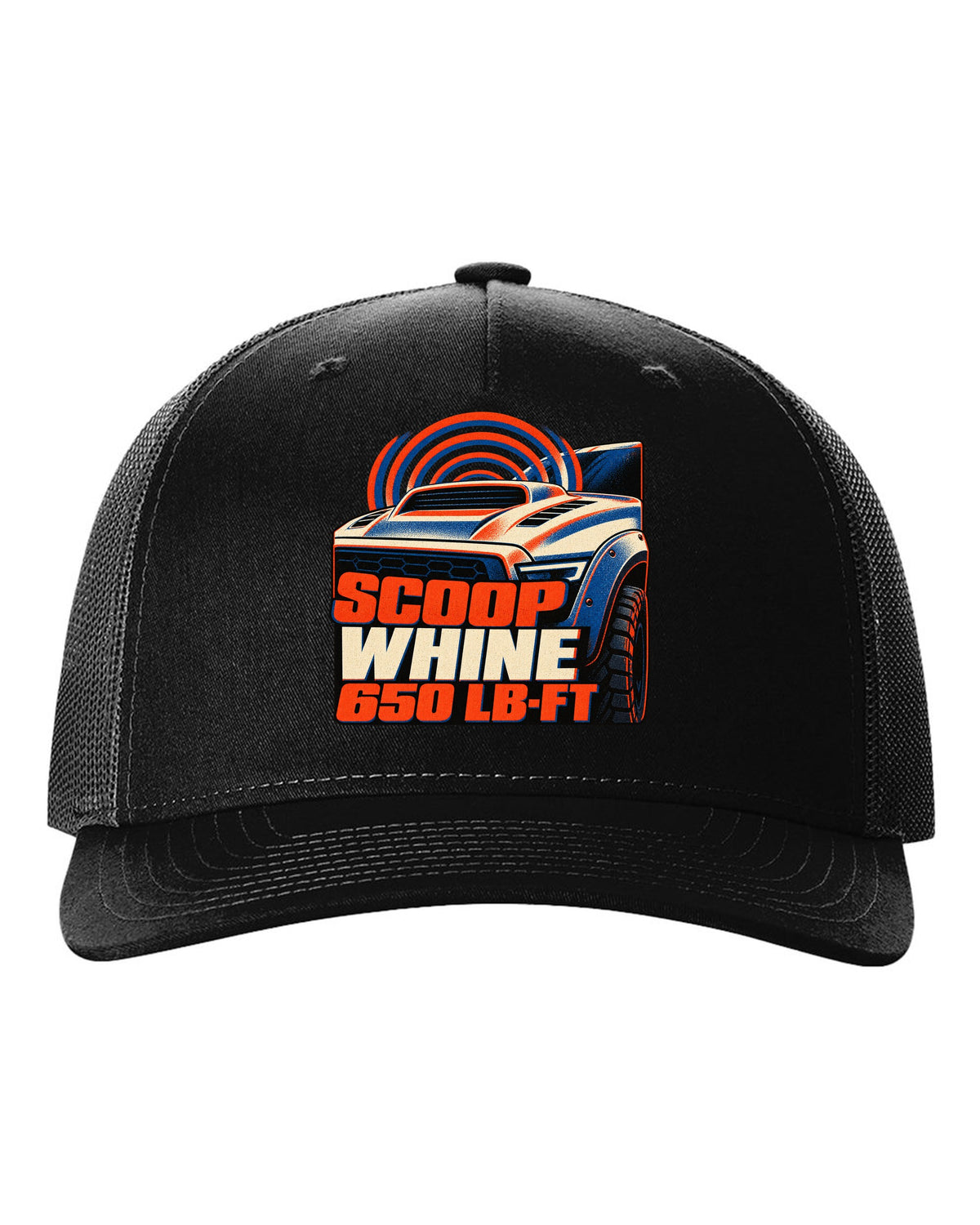 Risograph print of a 2021-2024 Ram 1500 TRX with scoop whine 650 lb-ft text black hat front view with the design