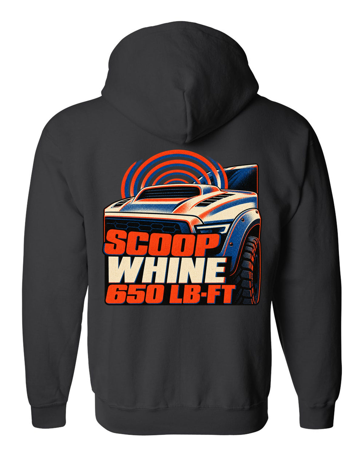 Risograph print of a 2021-2024 Ram 1500 TRX with scoop whine 650 lb-ft text black zip hoodie back view with the design