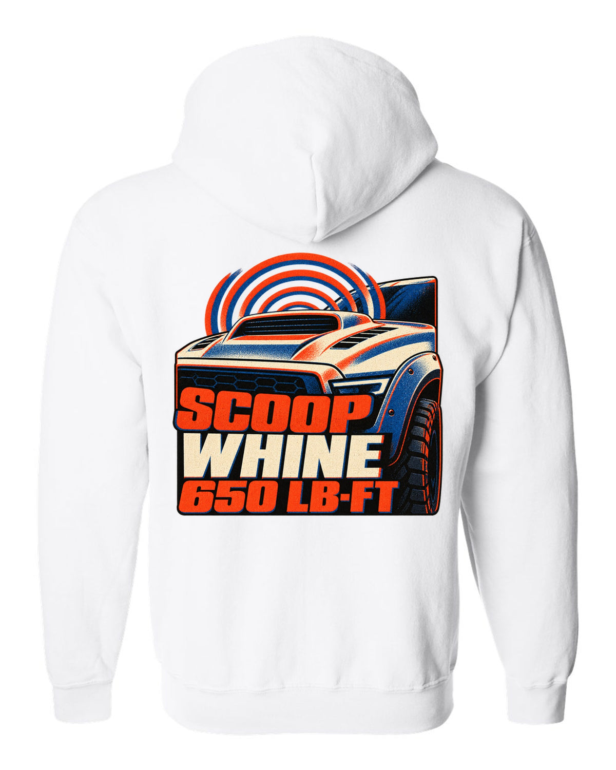 Risograph print of a 2021-2024 Ram 1500 TRX with scoop whine 650 lb-ft text white zip hoodie back view with the design