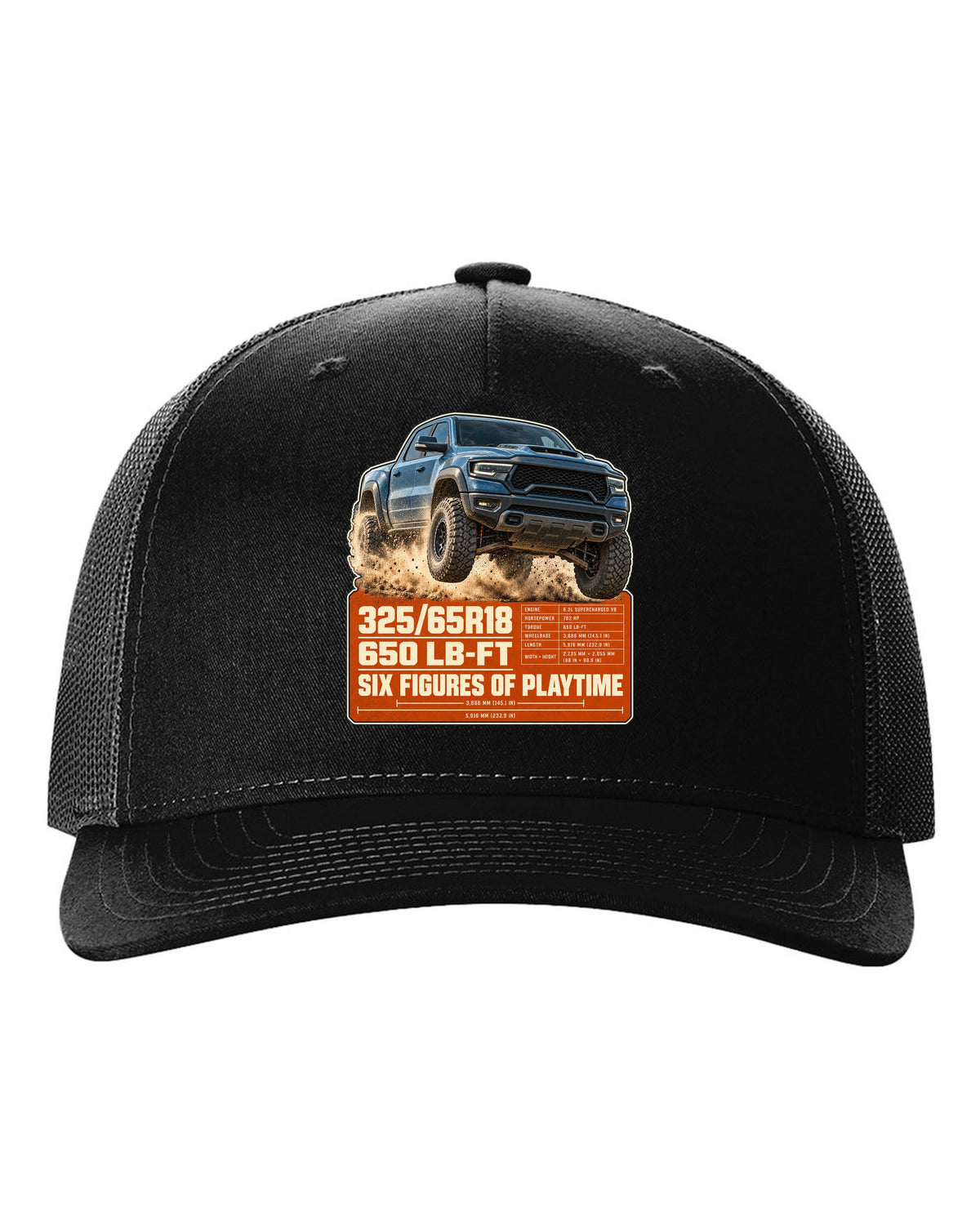 Ram 1500 TRX spec poster with tyre size and torque print black hat front view with the design