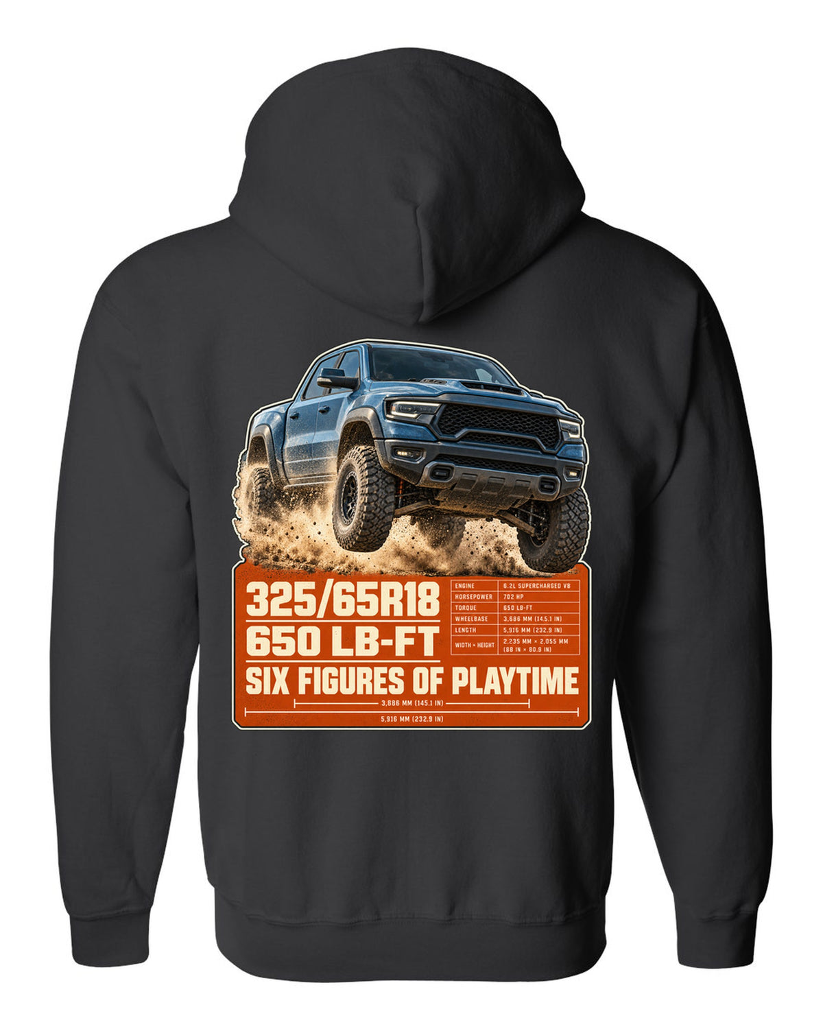Ram 1500 TRX spec poster with tyre size and torque print black zip hoodie back view with the design
