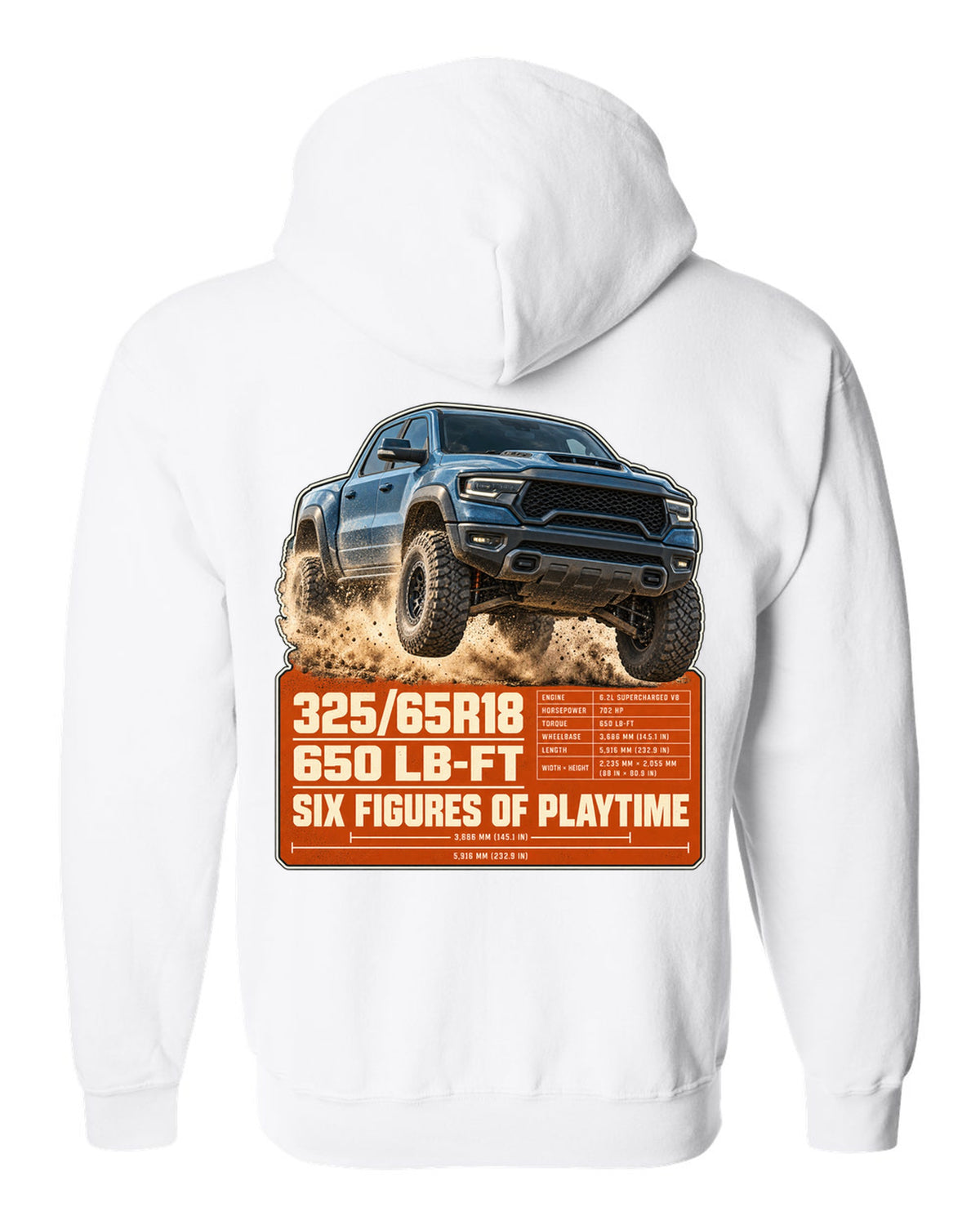 Ram 1500 TRX spec poster with tyre size and torque print white zip hoodie back view with the design