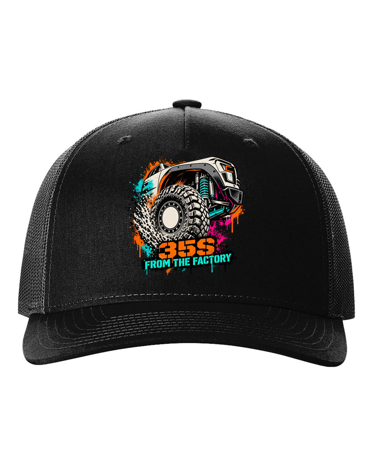 Stencil spray street art print of a Ram 1500 TRX wheel with 35S lettering black hat front view with the design