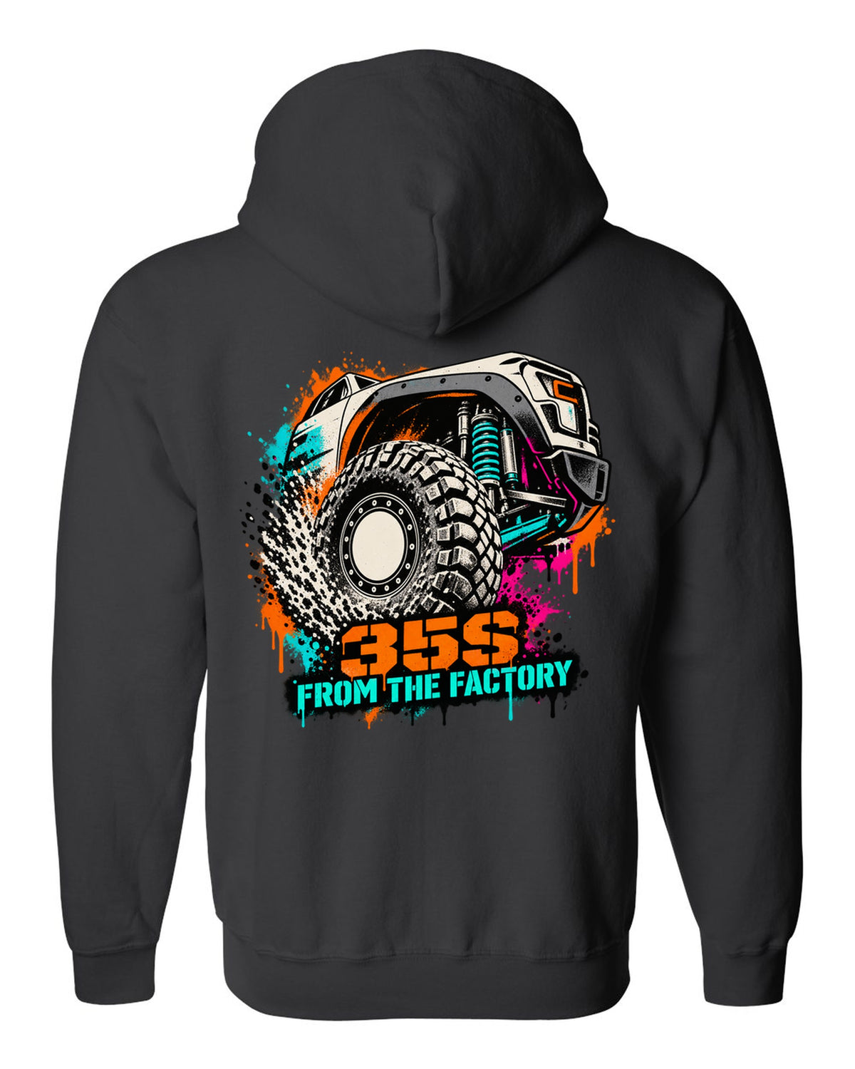Stencil spray street art print of a Ram 1500 TRX wheel with 35S lettering black zip hoodie back view with the design