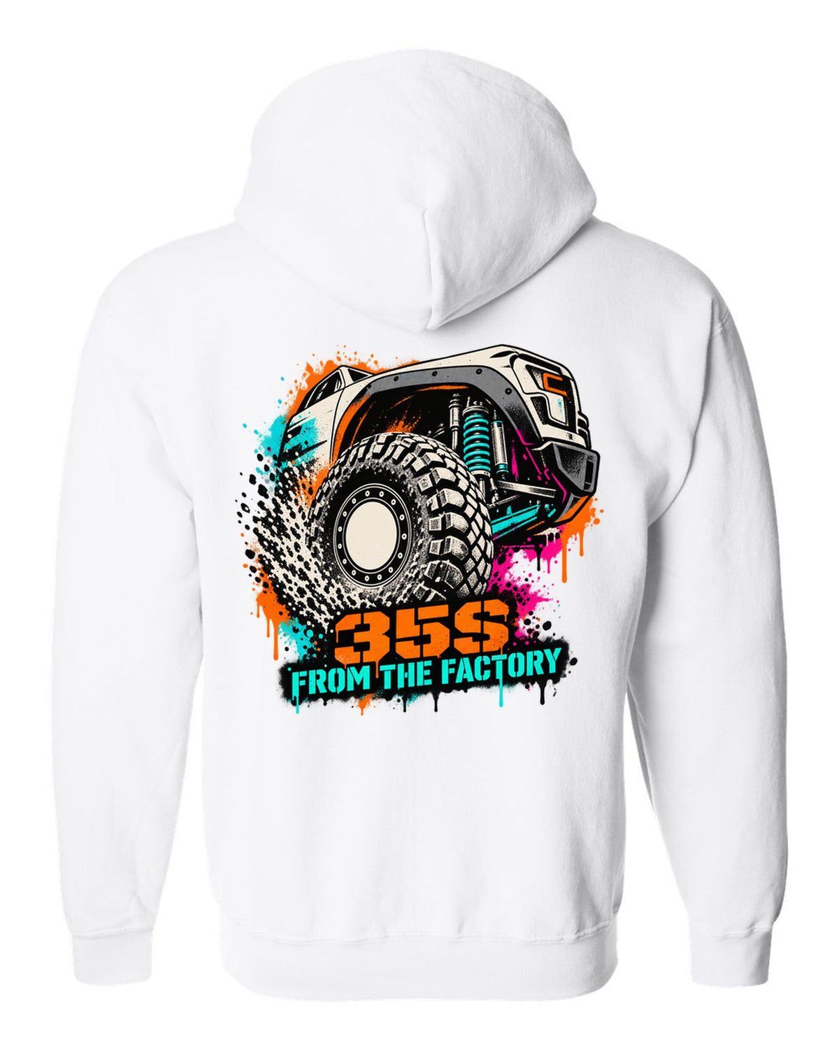 Stencil spray street art print of a Ram 1500 TRX wheel with 35S lettering white zip hoodie back view with the design