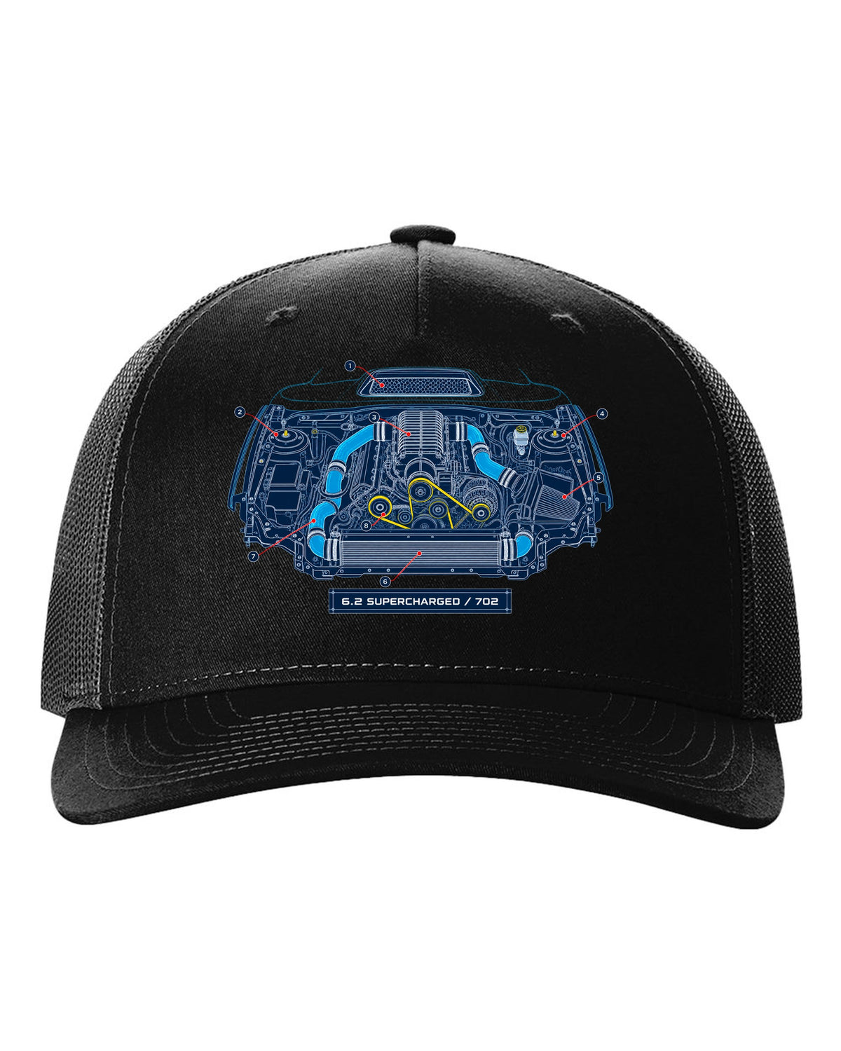 Blueprint-style print of the Ram 1500 TRX engine bay with 6.2 supercharged and 702 callouts black hat front view with the design