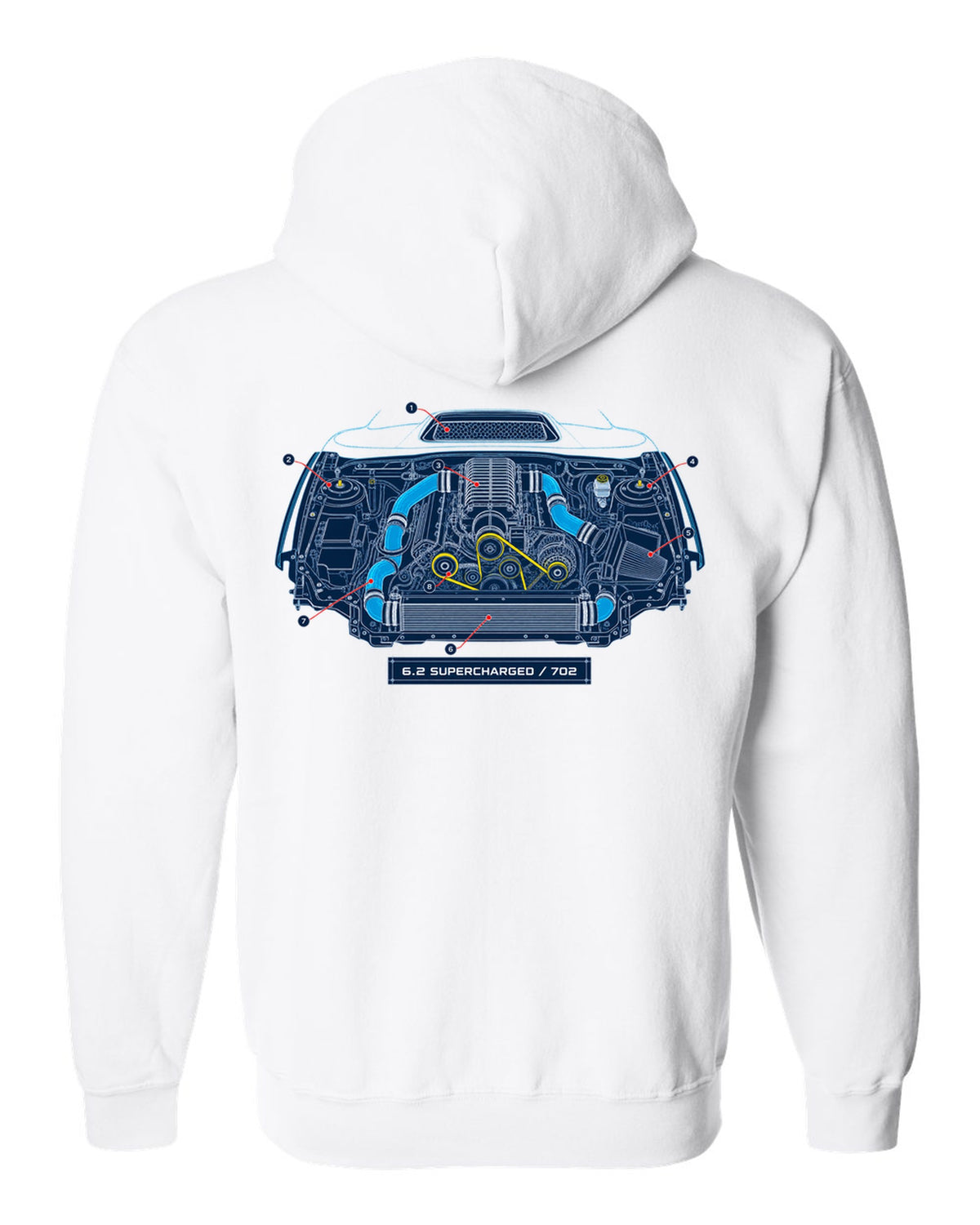 Blueprint-style print of the Ram 1500 TRX engine bay with 6.2 supercharged and 702 callouts white zip hoodie back view with the design