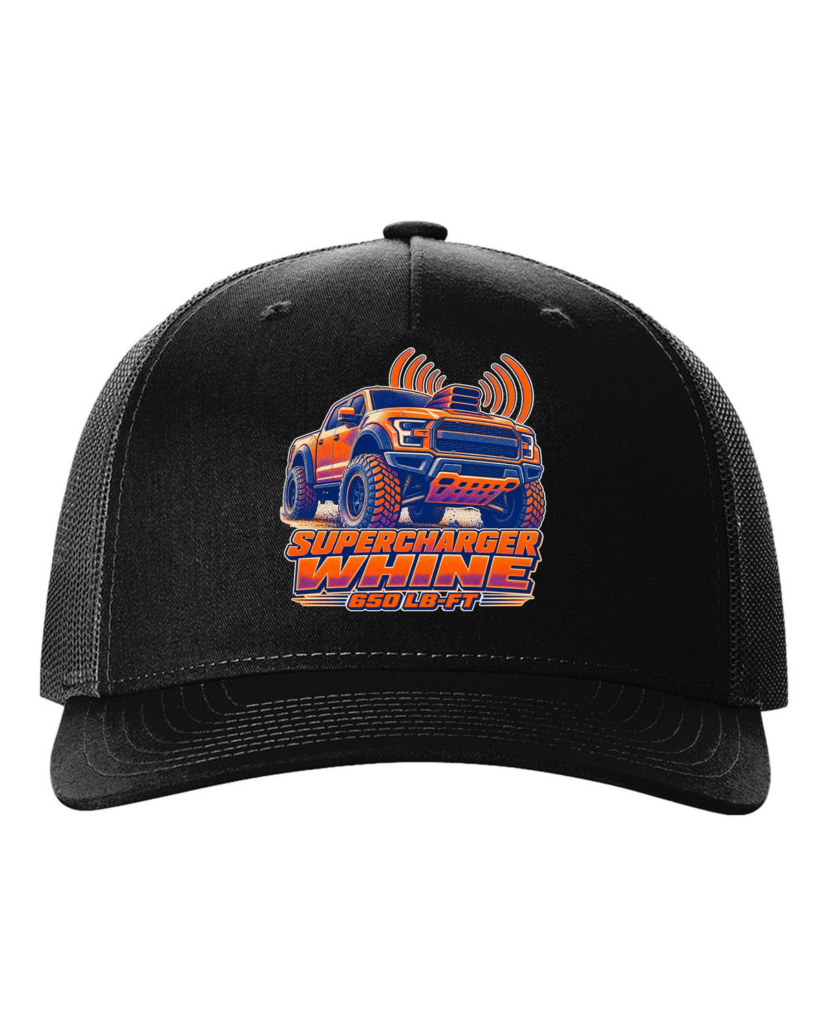 Halftone risograph print of a Ram 1500 TRX hood scoop with supercharger whine text black hat front view with the design