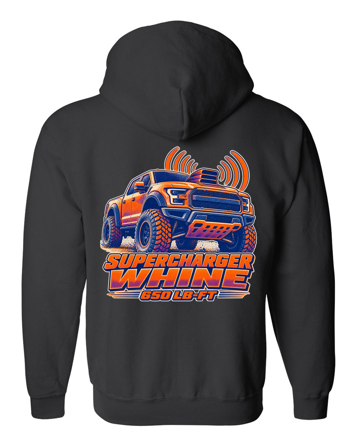 Halftone risograph print of a Ram 1500 TRX hood scoop with supercharger whine text black zip hoodie back view with the design