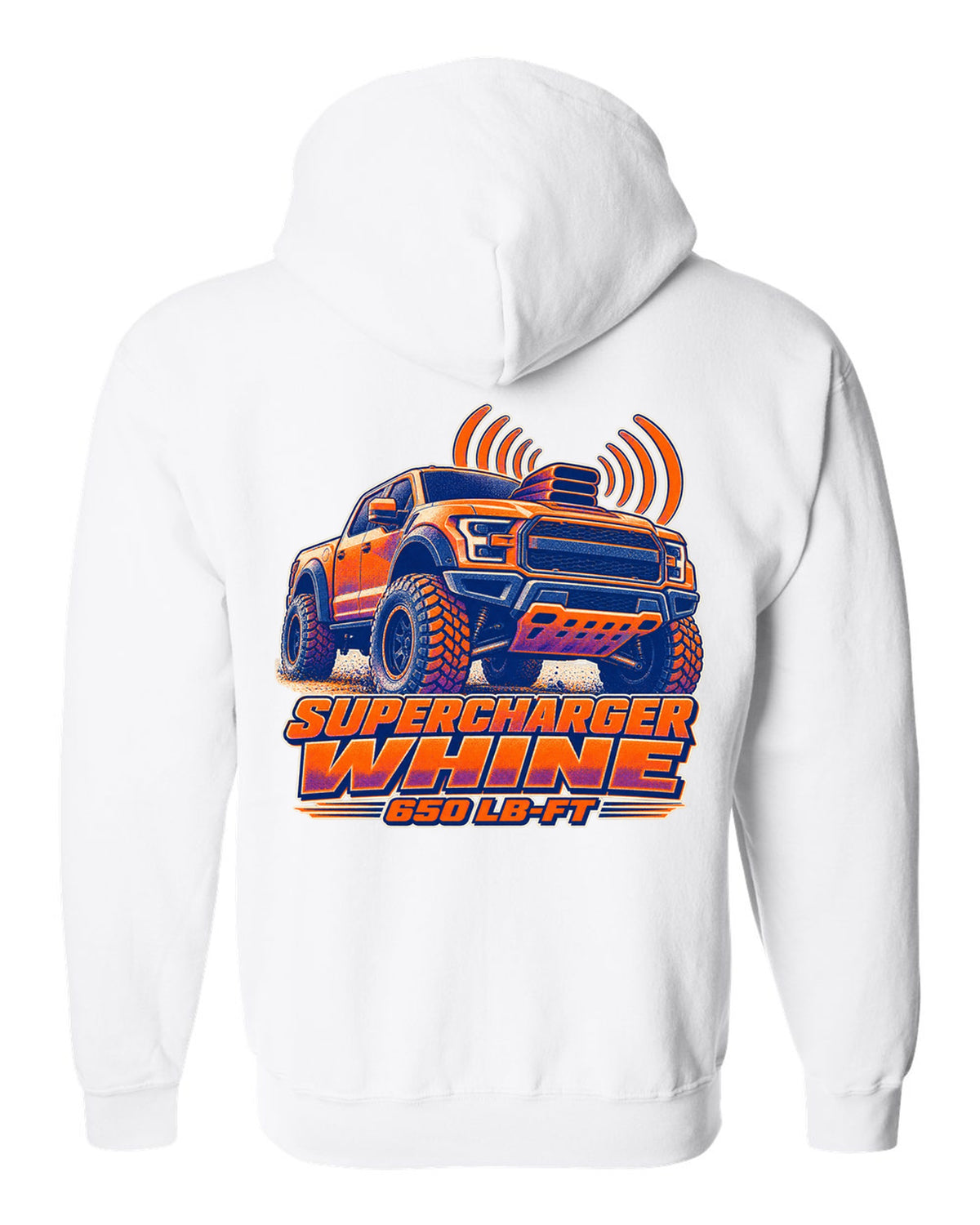 Halftone risograph print of a Ram 1500 TRX hood scoop with supercharger whine text white zip hoodie back view with the design