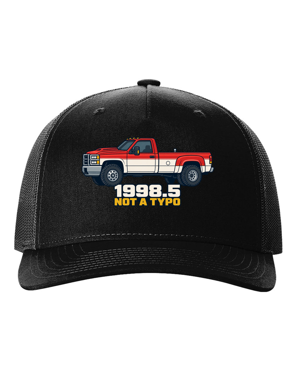Flat vector poster print of a 1998.5-2002 Ram 2500 24V Cummins with 1998.5 Not A Typo text black hat front view with the design