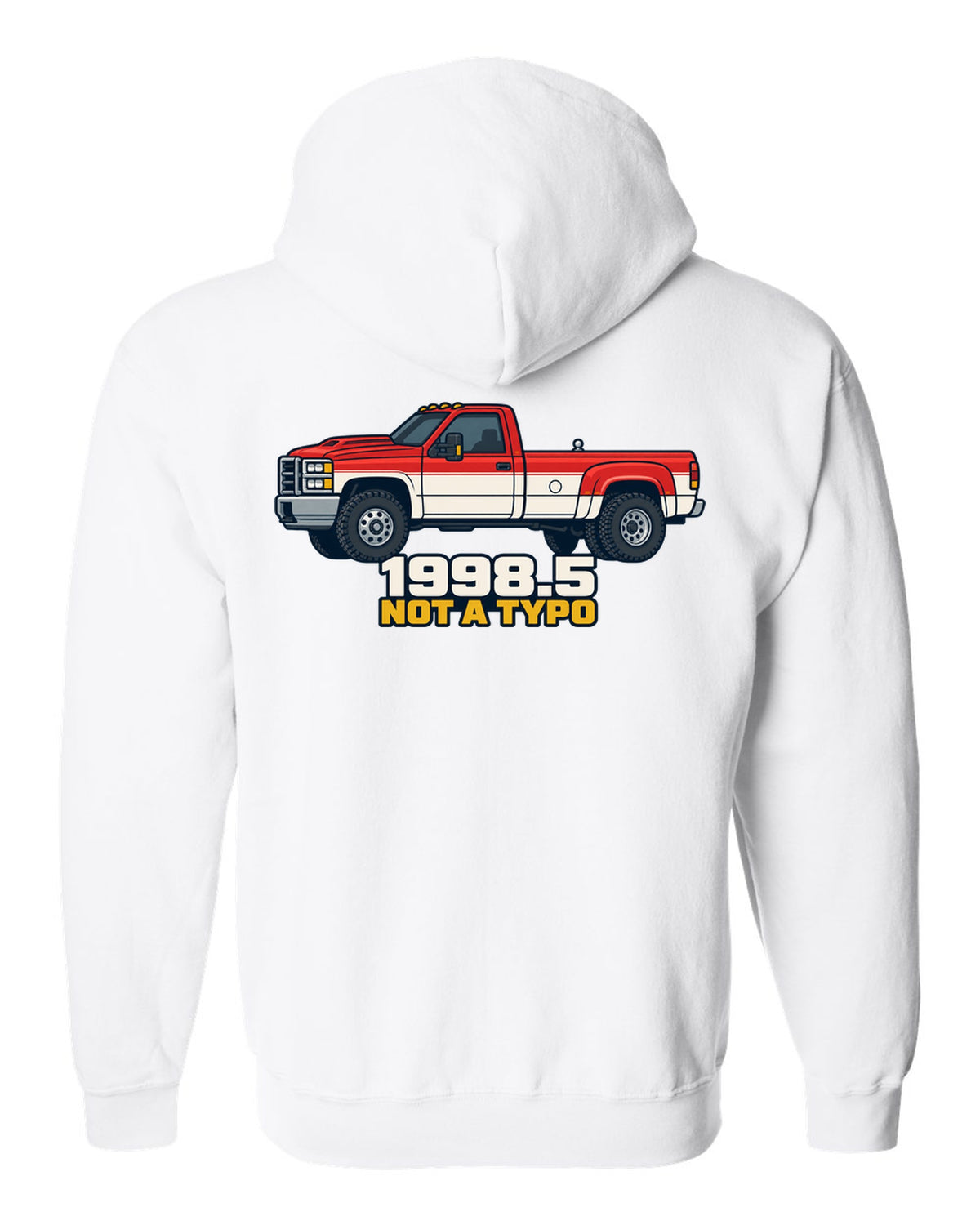 Flat vector poster print of a 1998.5-2002 Ram 2500 24V Cummins with 1998.5 Not A Typo text white zip hoodie back view with the design