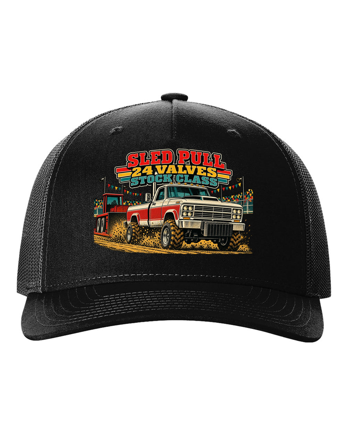 Vintage race poster print of a 1998.5-2002 Ram 2500 24V Cummins for a sled pull black hat front view with the design