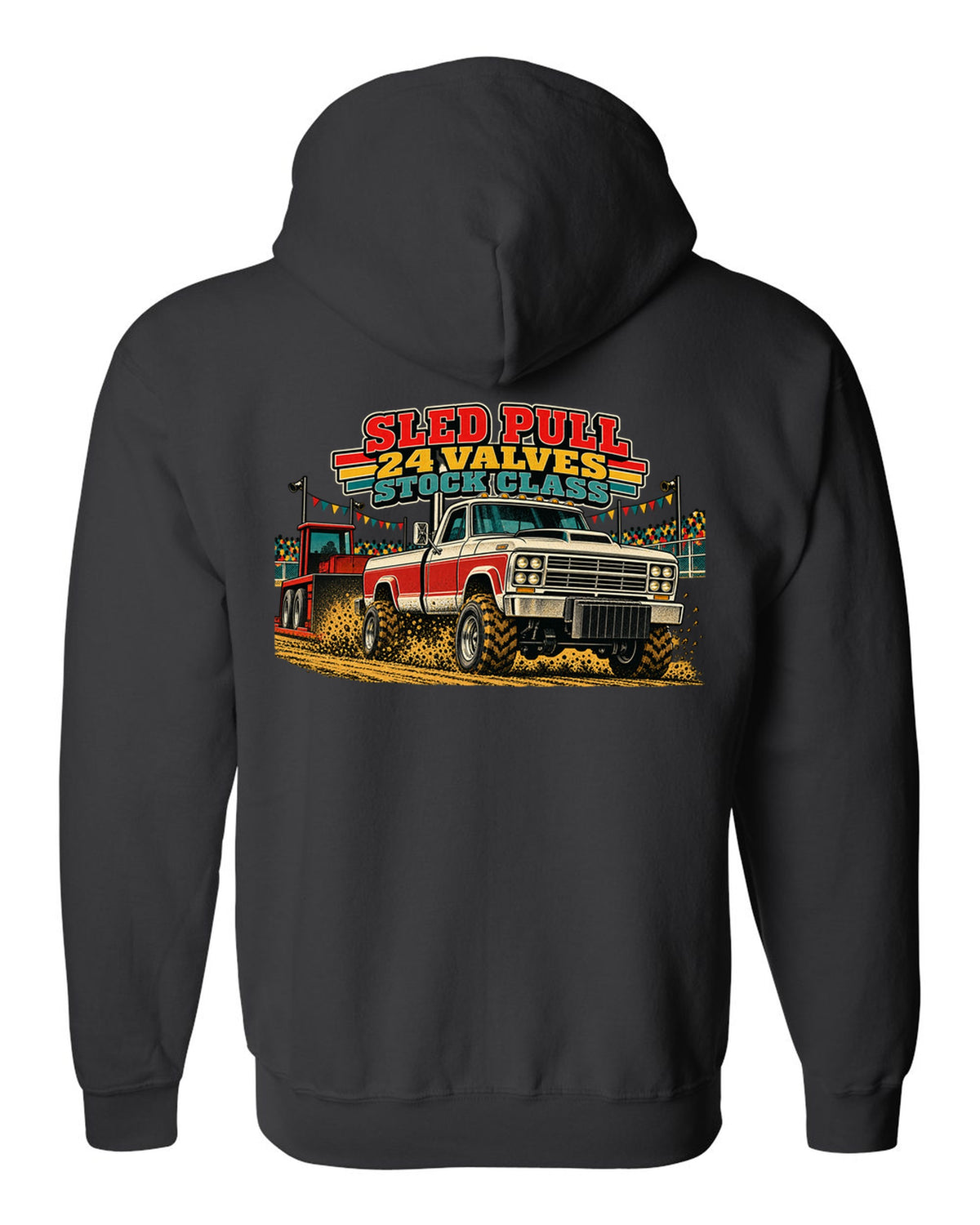 Vintage race poster print of a 1998.5-2002 Ram 2500 24V Cummins for a sled pull black zip hoodie back view with the design