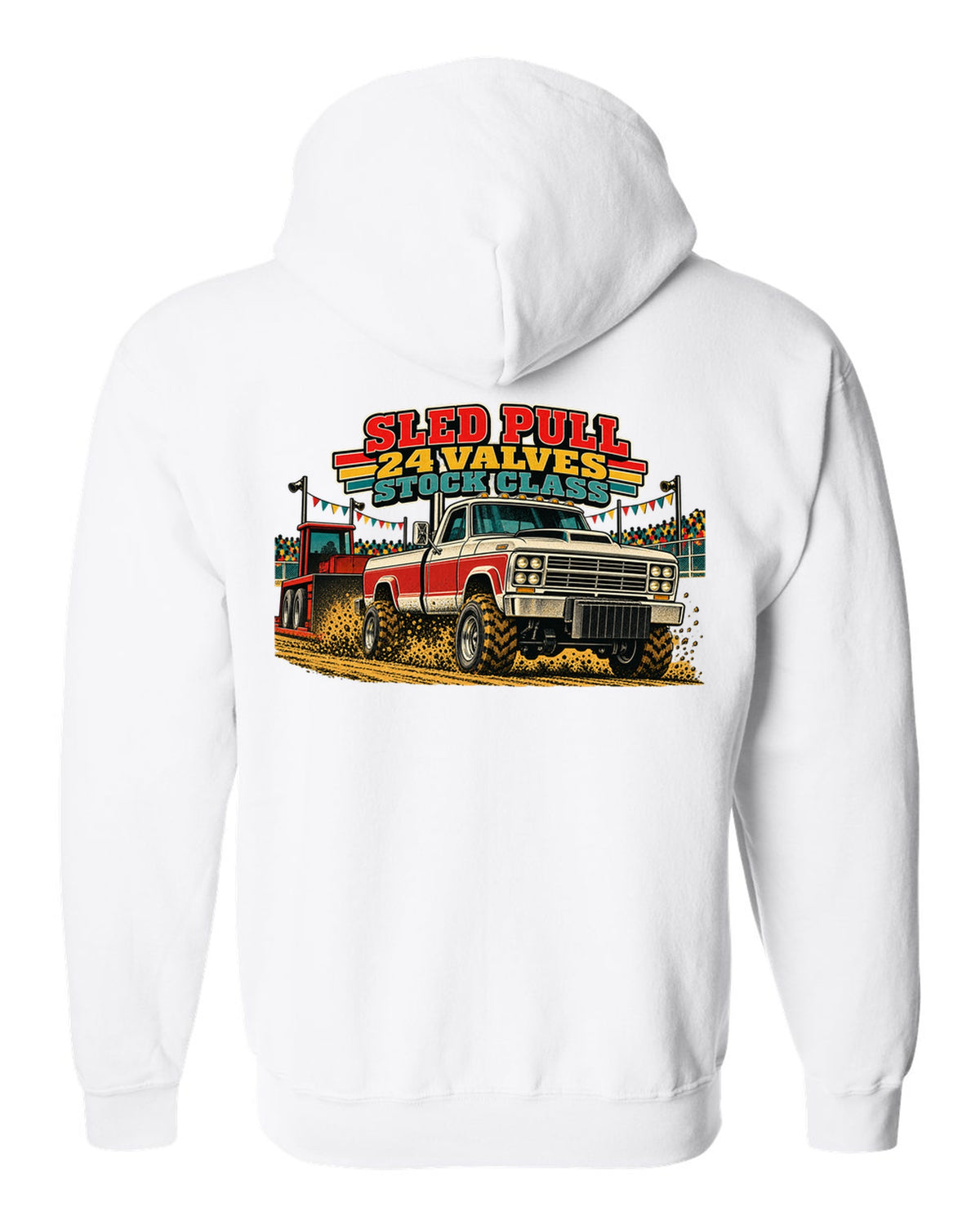 Vintage race poster print of a 1998.5-2002 Ram 2500 24V Cummins for a sled pull white zip hoodie back view with the design