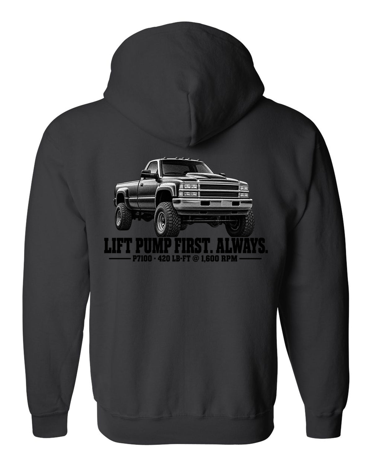 Halftone print of a 1994-98 Ram 2500 12V with lift pump advice and P7100 torque figures black zip hoodie back view with the design
