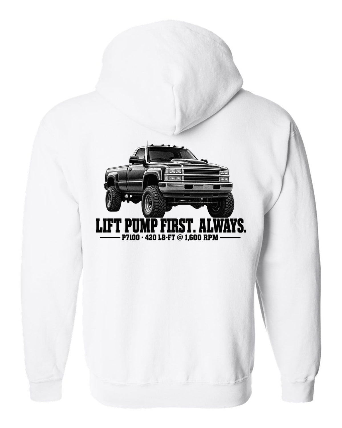 Halftone print of a 1994-98 Ram 2500 12V with lift pump advice and P7100 torque figures white zip hoodie back view with the design