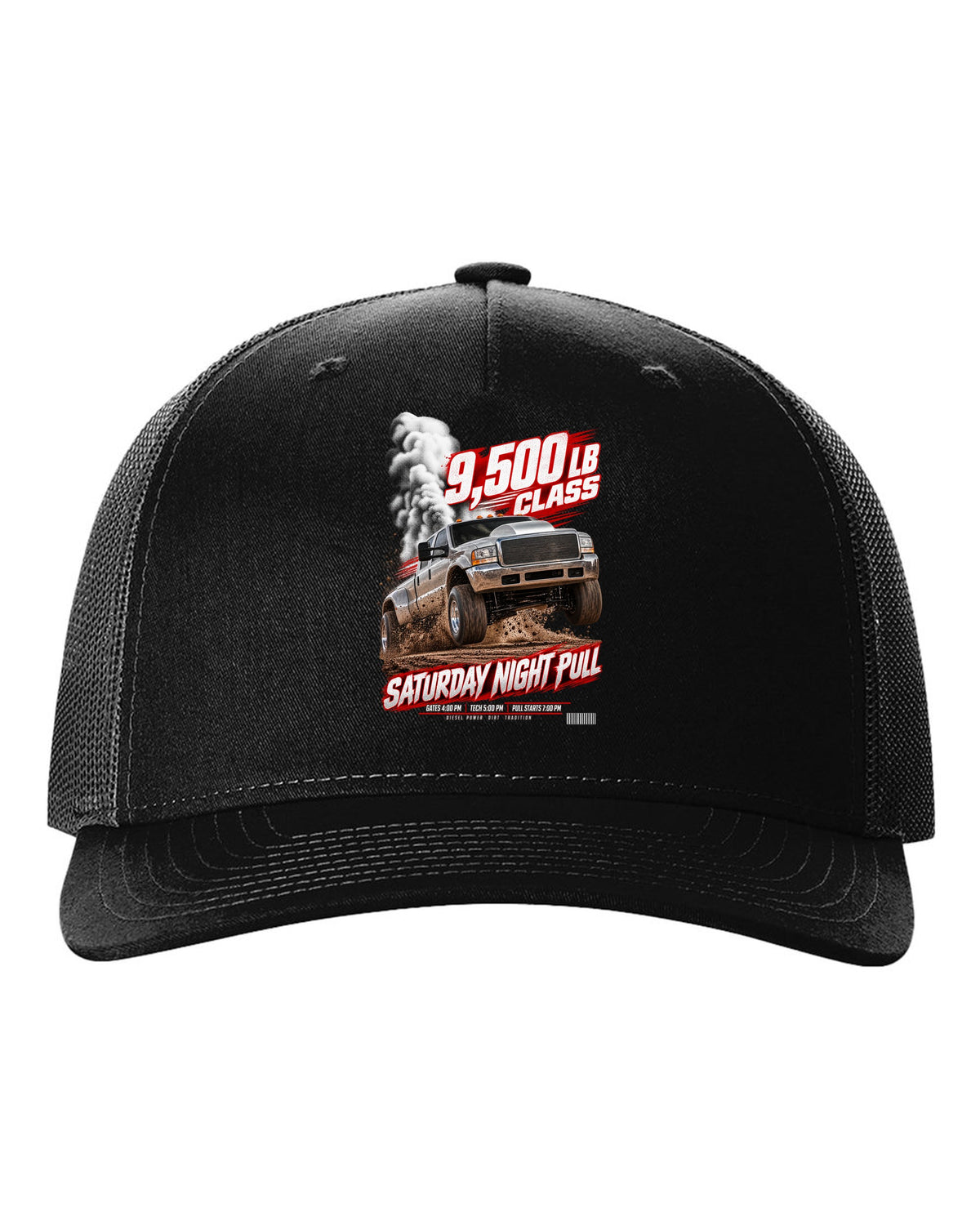 Race poster of a 1998.5-2002 Ram 2500 24V with the text 9,500 lb class, Saturday night pull black hat front view with the design