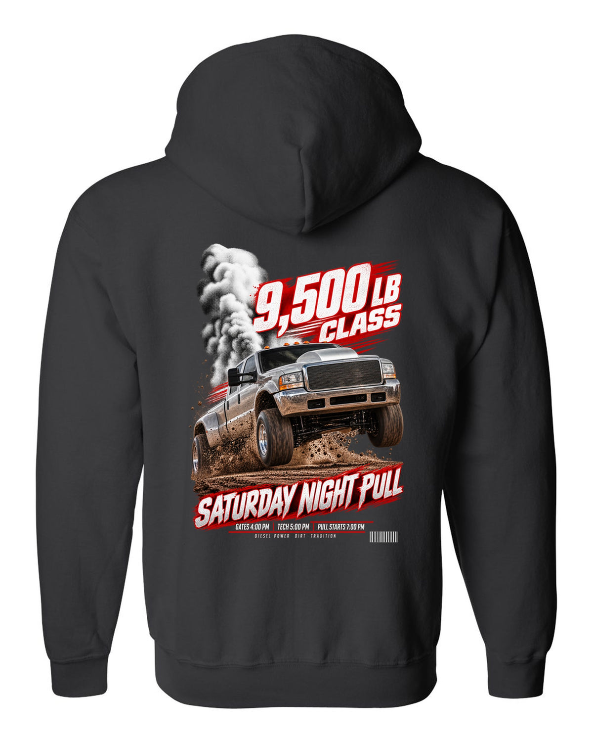 Race poster of a 1998.5-2002 Ram 2500 24V with the text 9,500 lb class, Saturday night pull black zip hoodie back view with the design