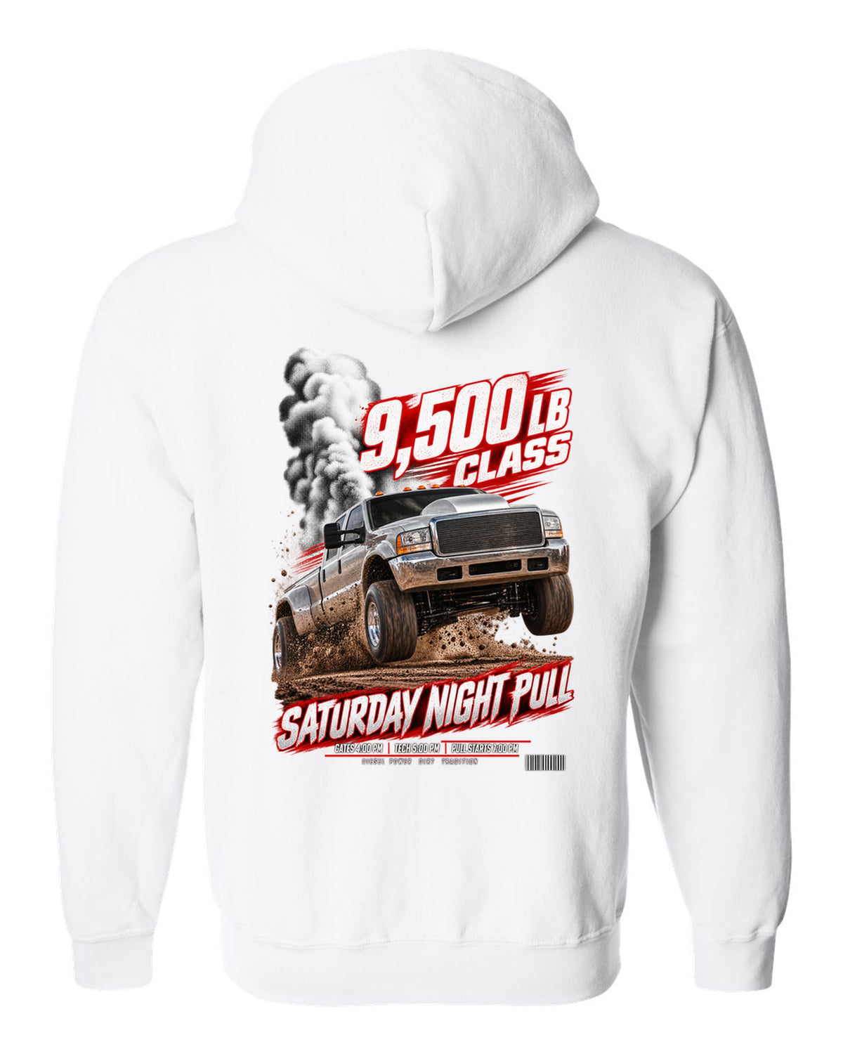 Race poster of a 1998.5-2002 Ram 2500 24V with the text 9,500 lb class, Saturday night pull white zip hoodie back view with the design