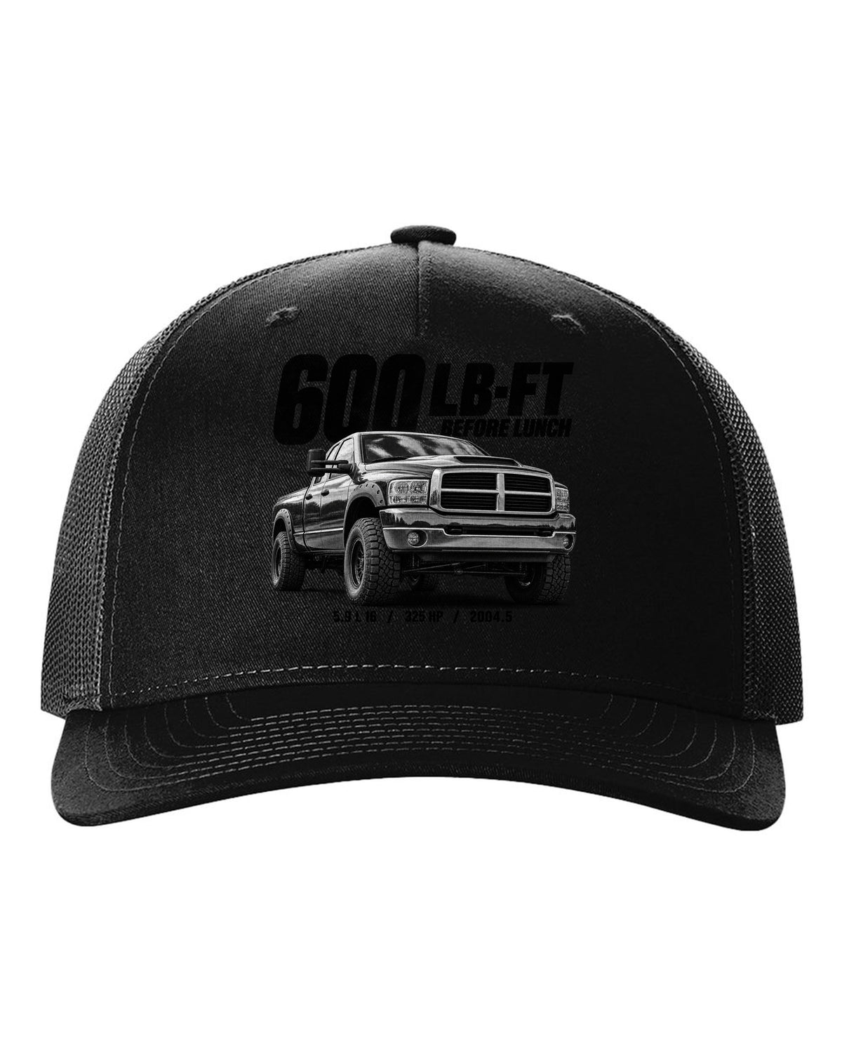 Halftone of a 2004.5-2007 Ram 2500 3rd gen 5.9 High Output with the text 600 lb-ft before lunch black hat front view with the design