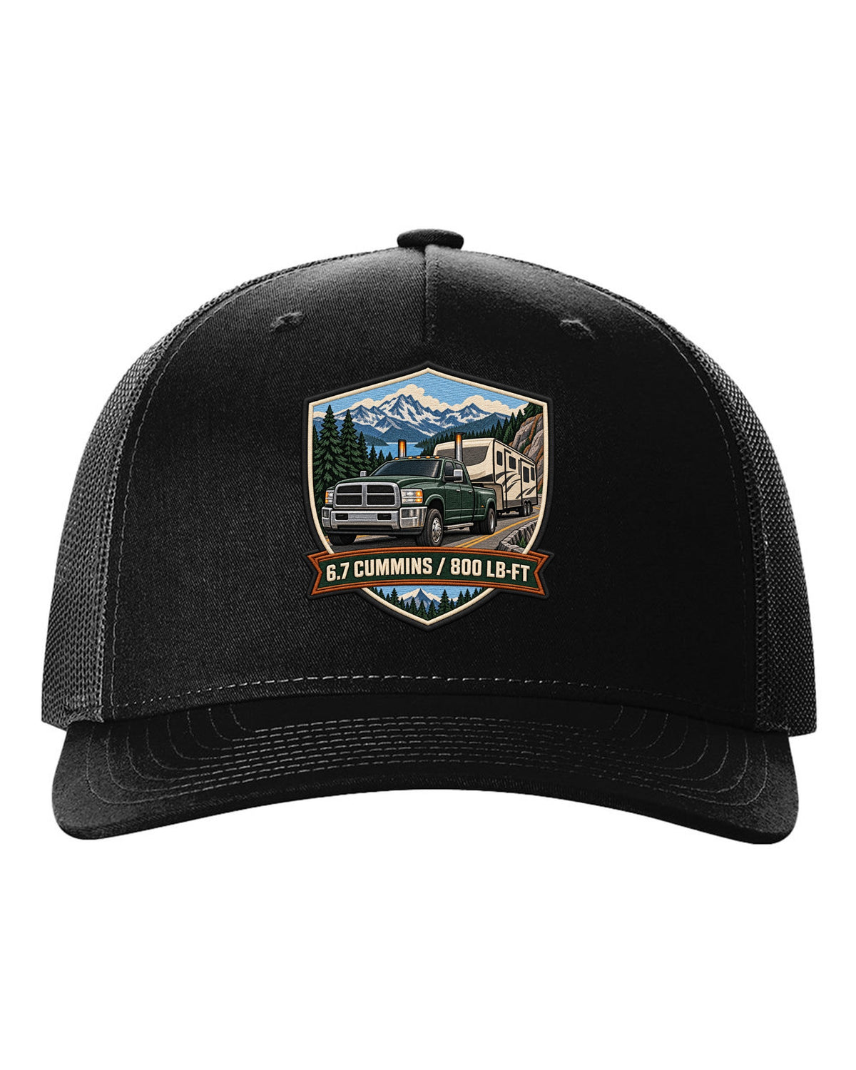 Varsity crest of a 2010-2018 Ram 2500 4th gen towing a camper with 6.7 Cummins 800 LB-FT lettering black hat front view with the design