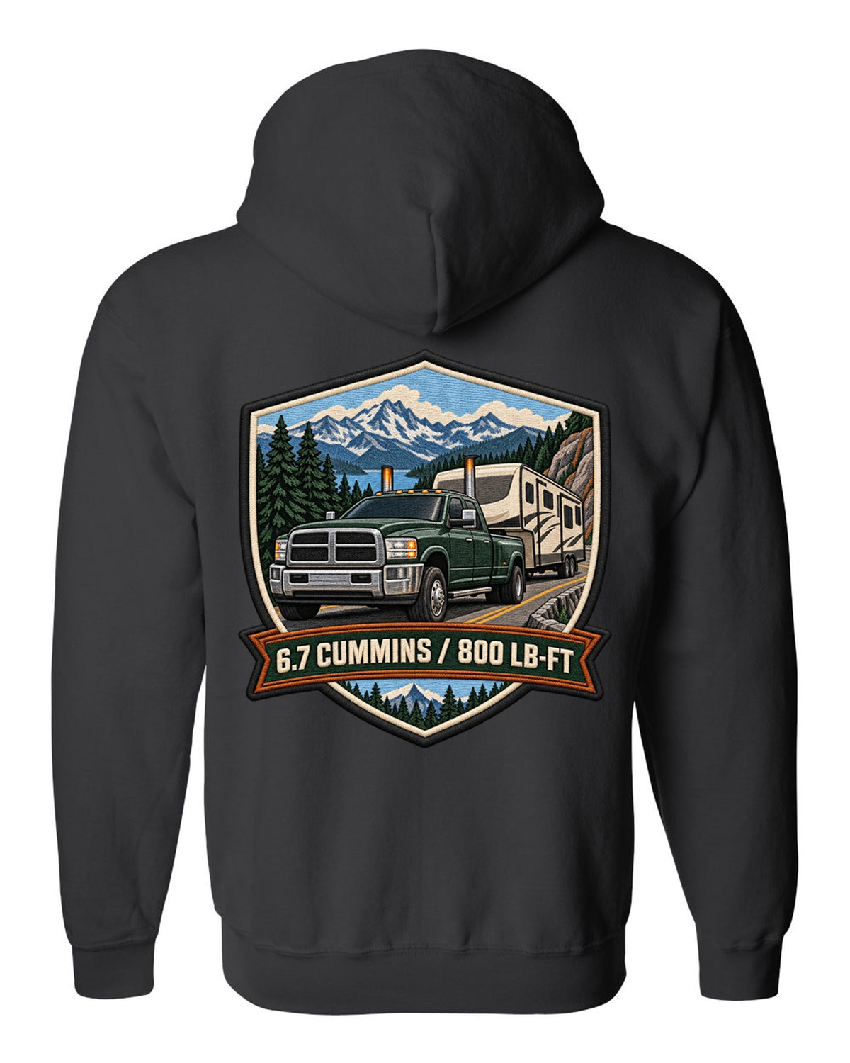Varsity crest of a 2010-2018 Ram 2500 4th gen towing a camper with 6.7 Cummins 800 LB-FT lettering black zip hoodie back view with the design