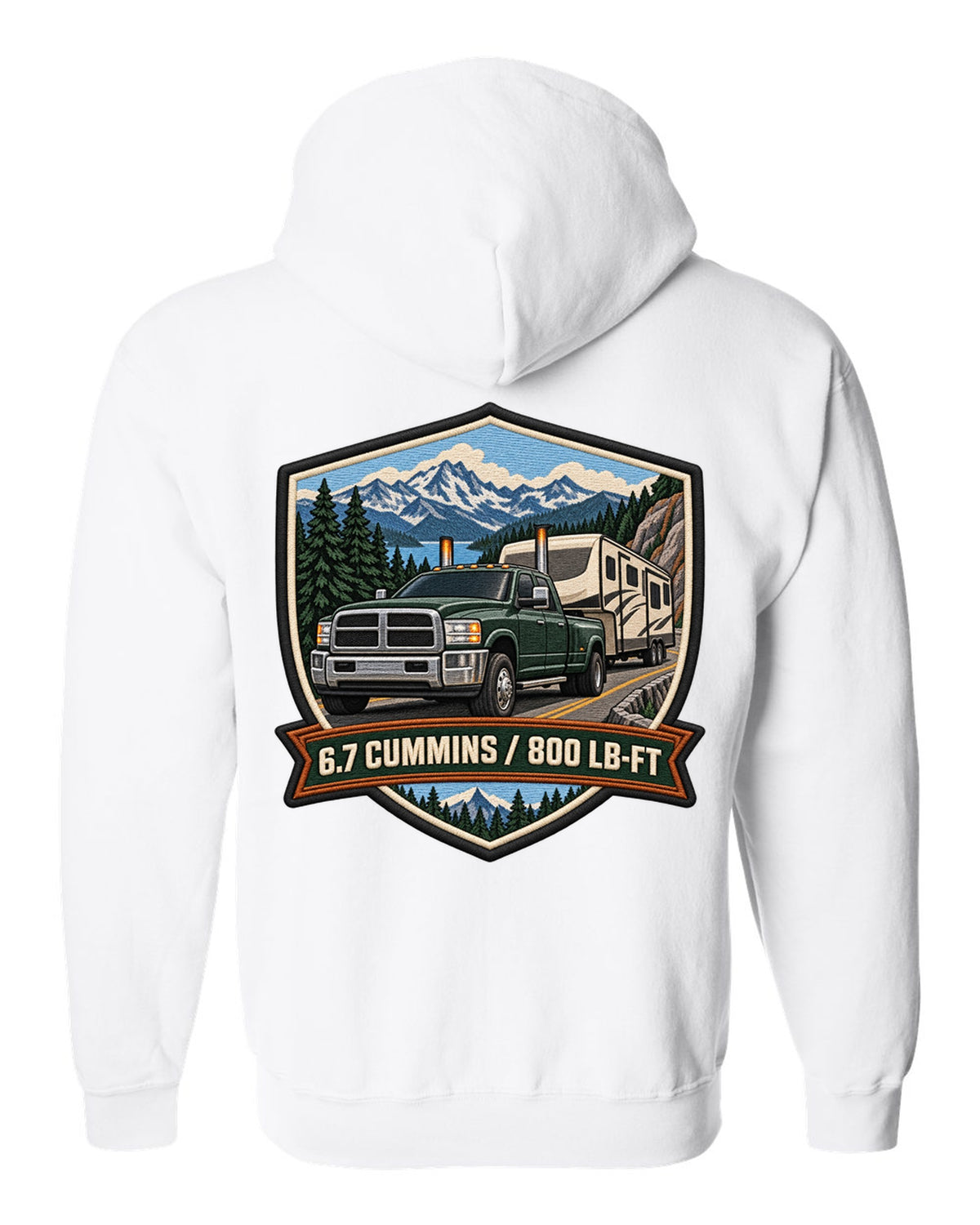 Varsity crest of a 2010-2018 Ram 2500 4th gen towing a camper with 6.7 Cummins 800 LB-FT lettering white zip hoodie back view with the design