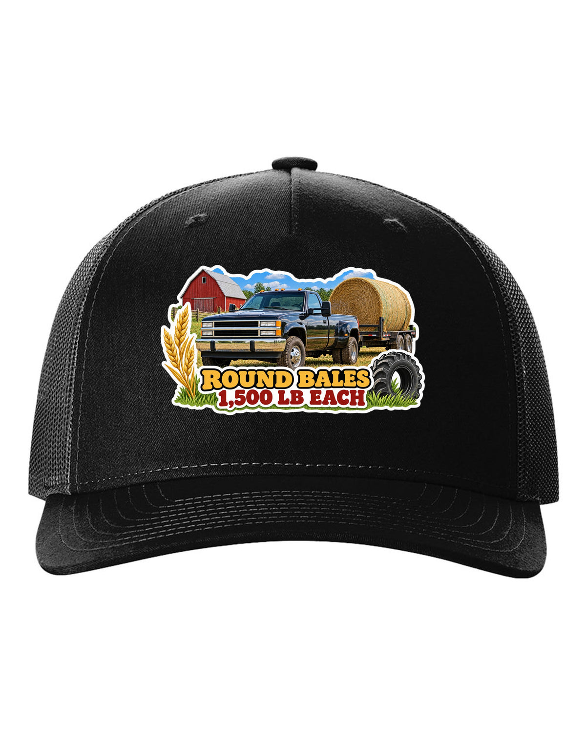 Sticker collage print of a 2010-2018 Ram 2500 6.7 hauling round bales with 1,500 lb each text black hat front view with the design