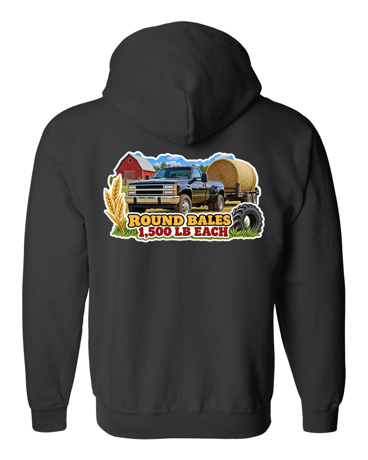 Sticker collage print of a 2010-2018 Ram 2500 6.7 hauling round bales with 1,500 lb each text black zip hoodie back view with the design